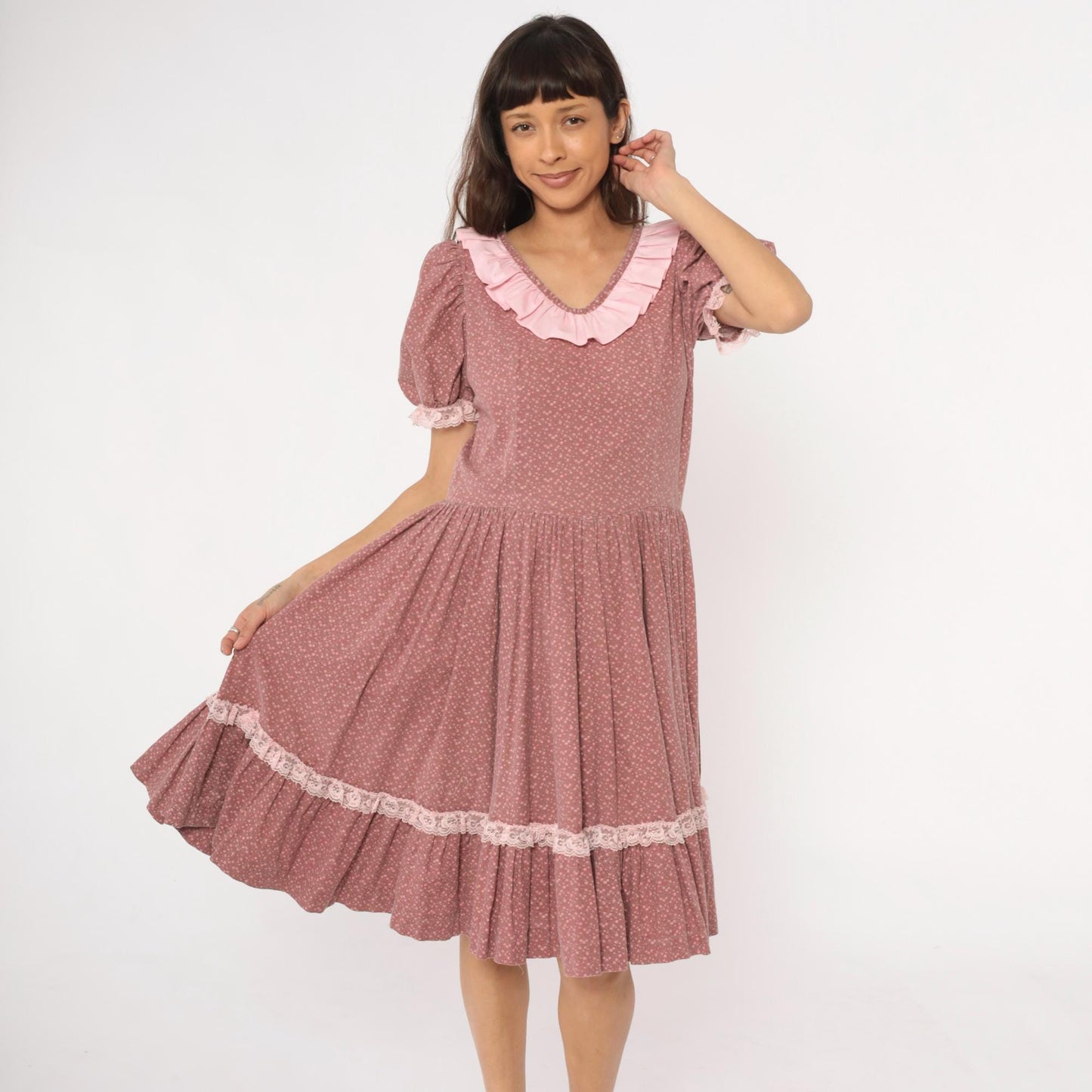 70s Prairie Dress Floral Dusty Rose Puff Sleeve Ruffle Collar Lace Trim Large L