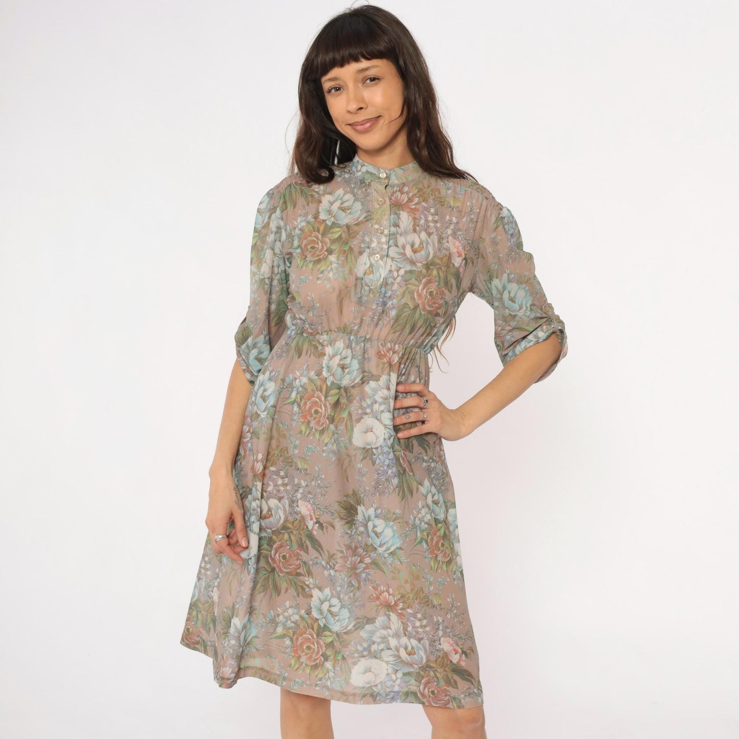 80s Floral Button-Front Dress Sheer Polyester Taupe Pink Green Small