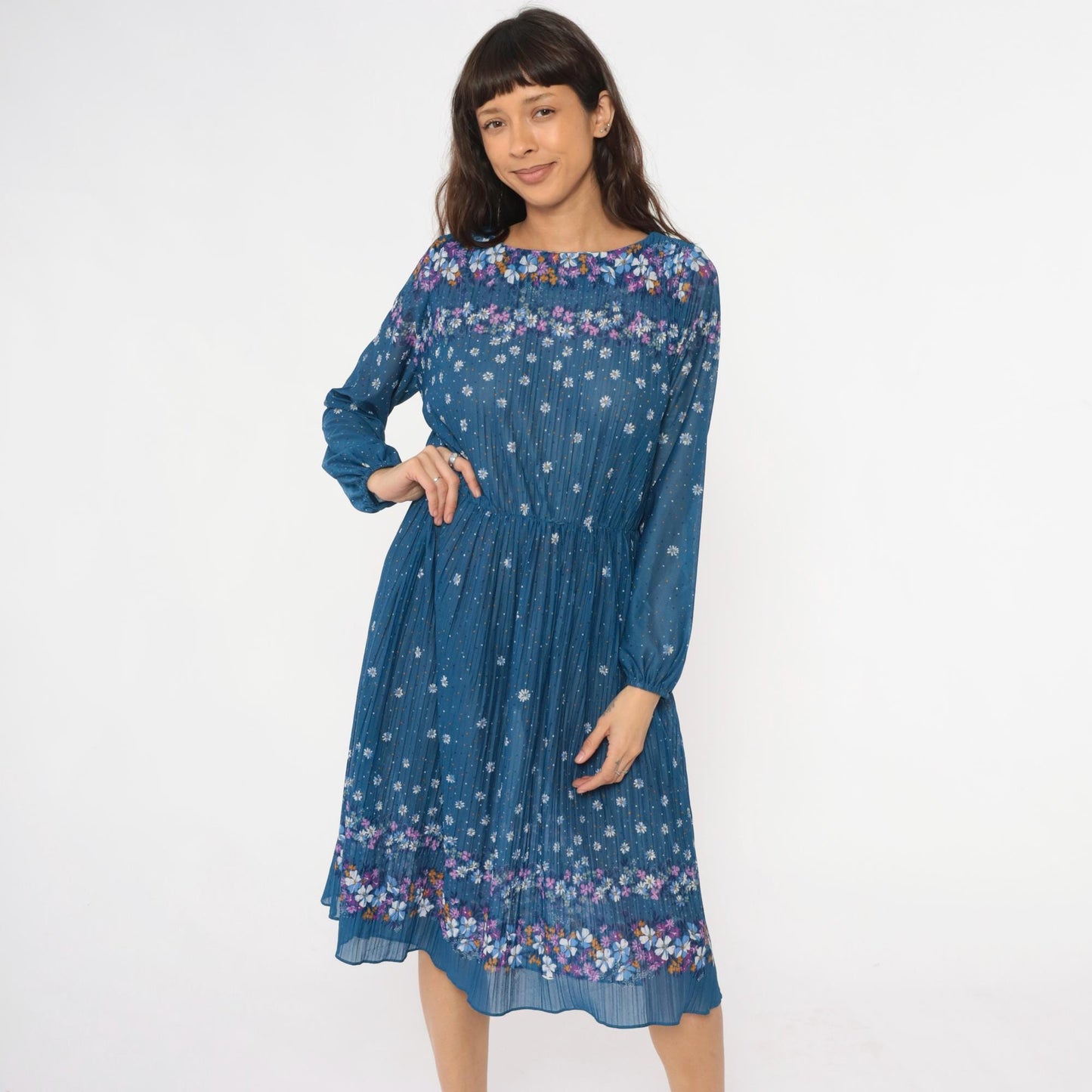 80s Malouf of Dallas Floral Midi Dress Blue Pleated Long Sleeve Medium