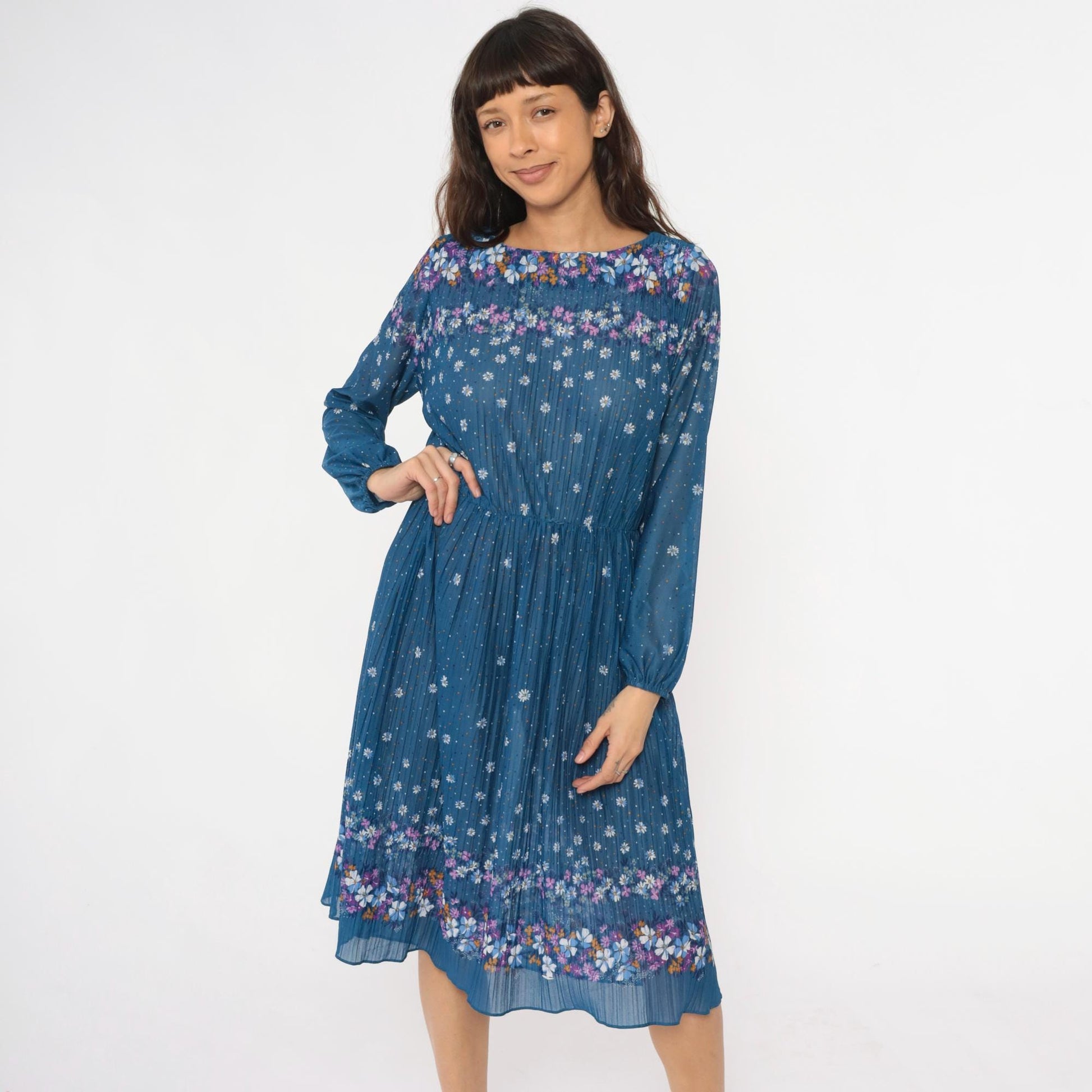 80s Malouf of Dallas Floral Midi Dress Blue Pleated Long Sleeve Medium