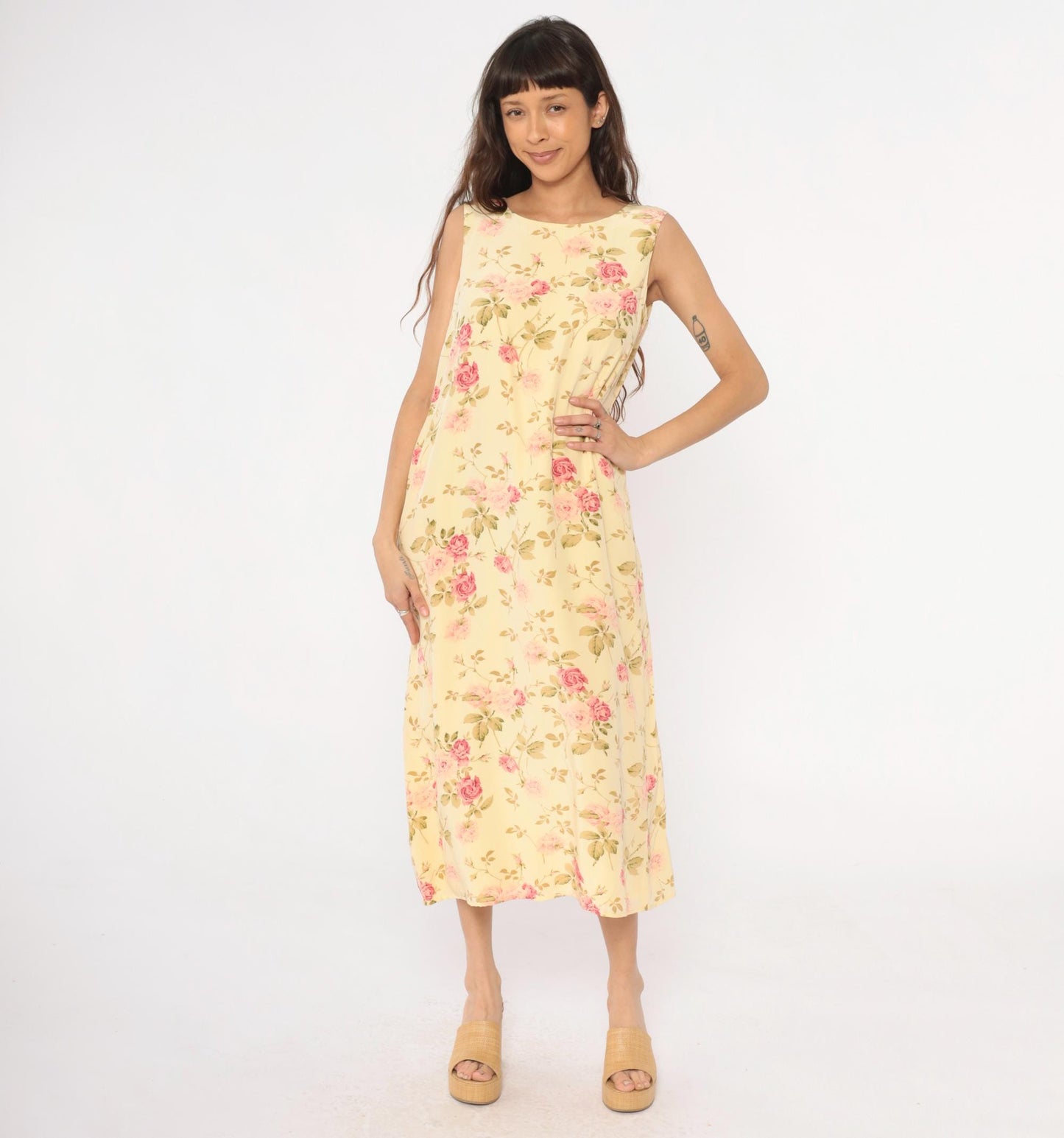 90s Silk Maxi Dress Yellow Floral Rose Print Shift Sleeveless Large L