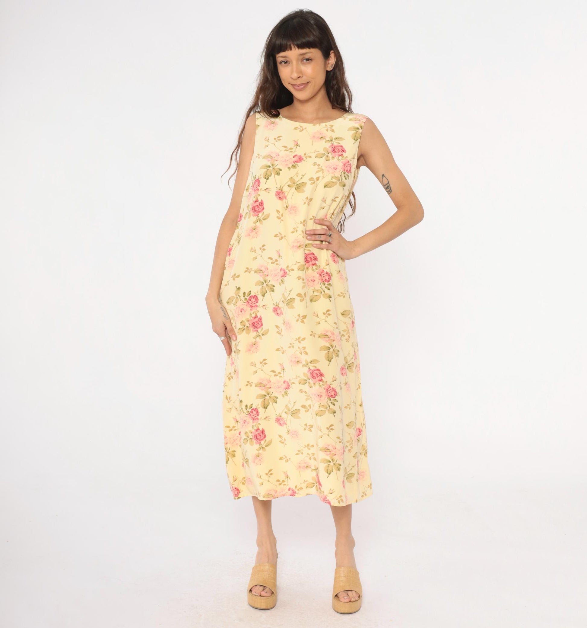 90s Silk Maxi Dress Yellow Floral Rose Print Shift Sleeveless Large L