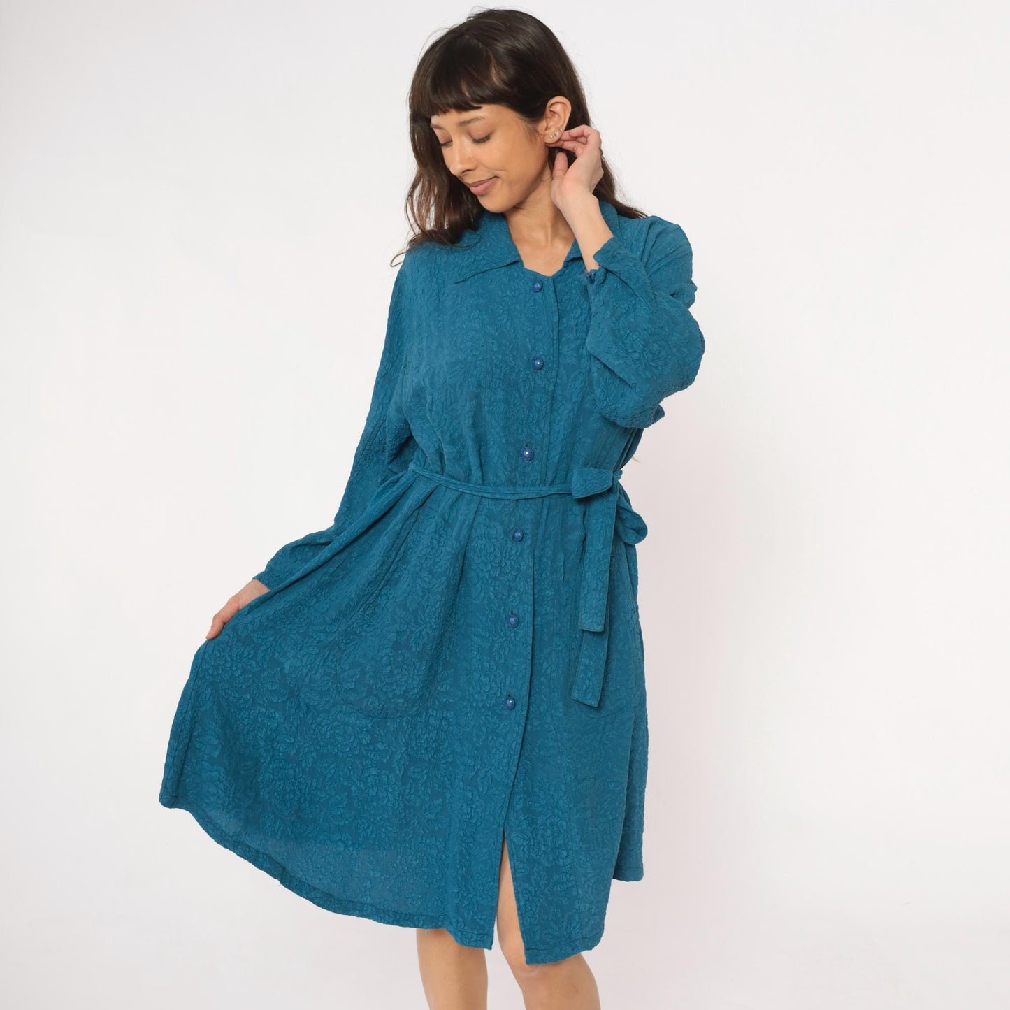 Y2K Teal Jacquard Floral Duster Robe Tie Belt Collared Long Sleeve Large