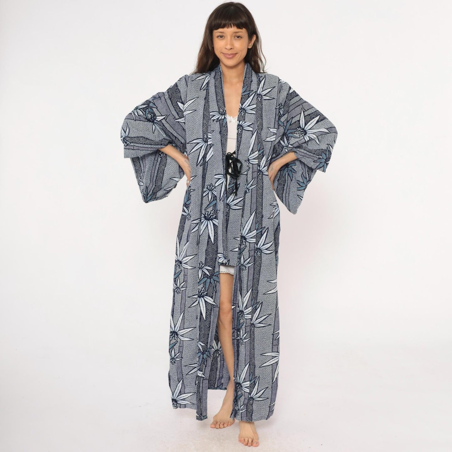 80s Blue White Botanical Kimono Robe Maxi Floral Leaf Print Medium
