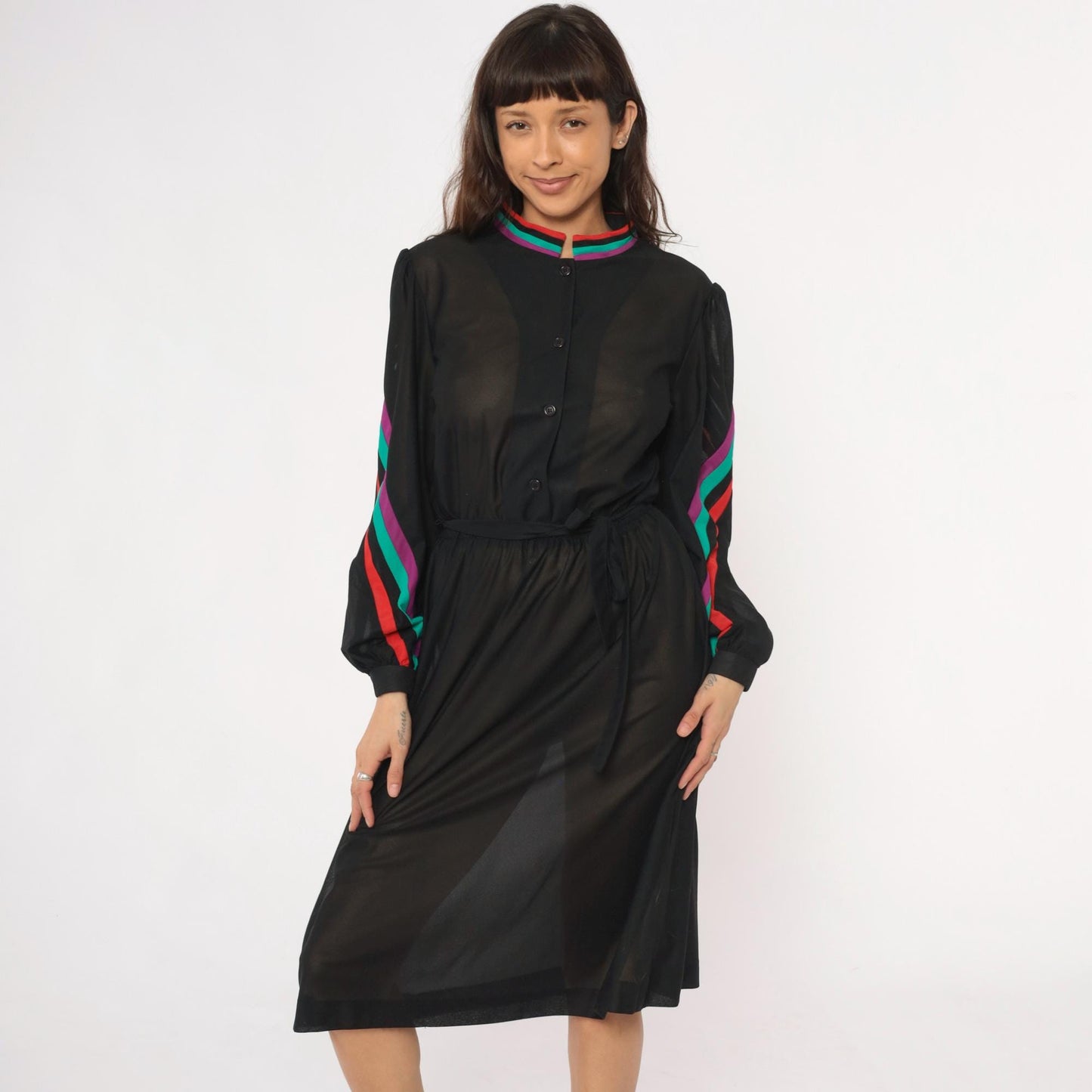 80s Blair Black Dress Striped Trim Stand Collar Long Sleeve Knee Length Medium