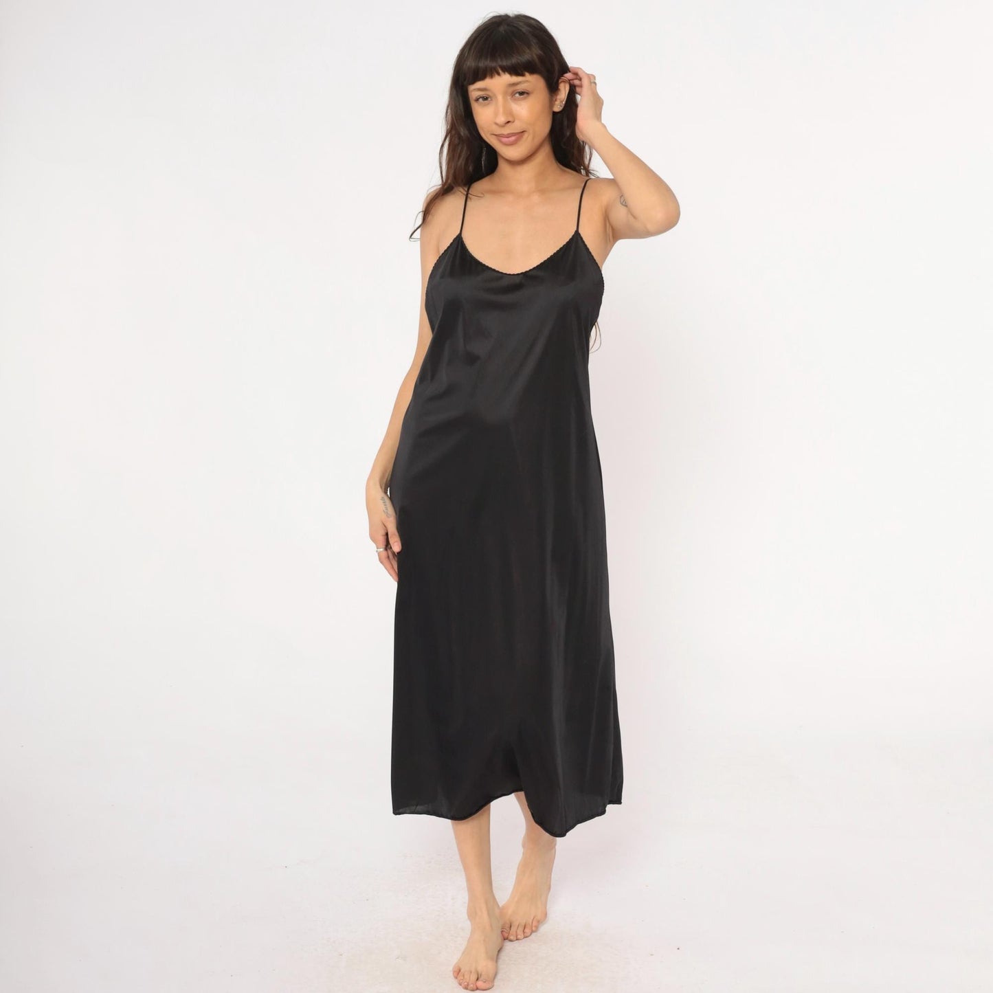 90s Vanity Fair Black Slip Dress Spaghetti Strap Lace Trim Midi Medium