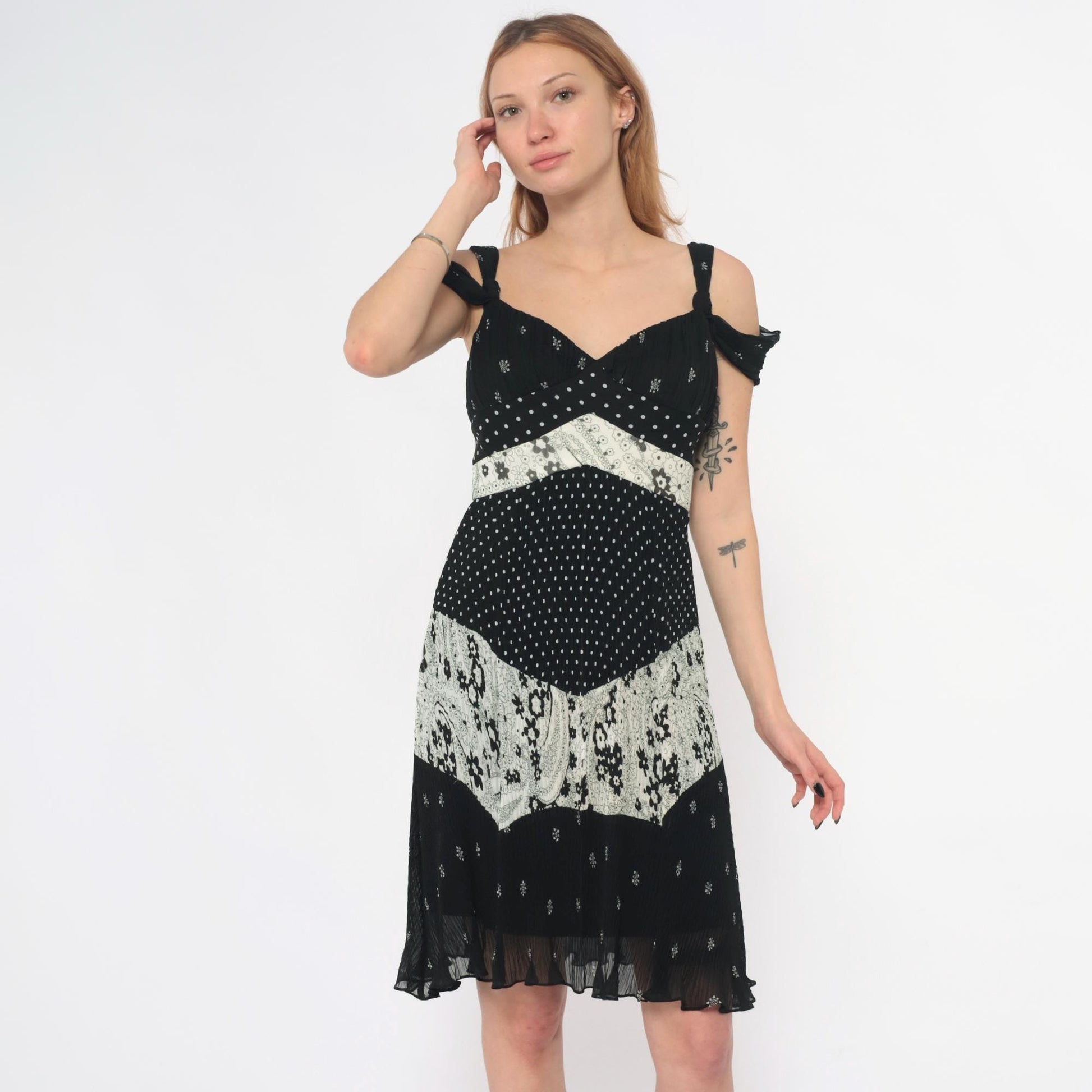 Y2K Alberto Makali Black Mini Dress Mixed Print Cold Shoulder Small S