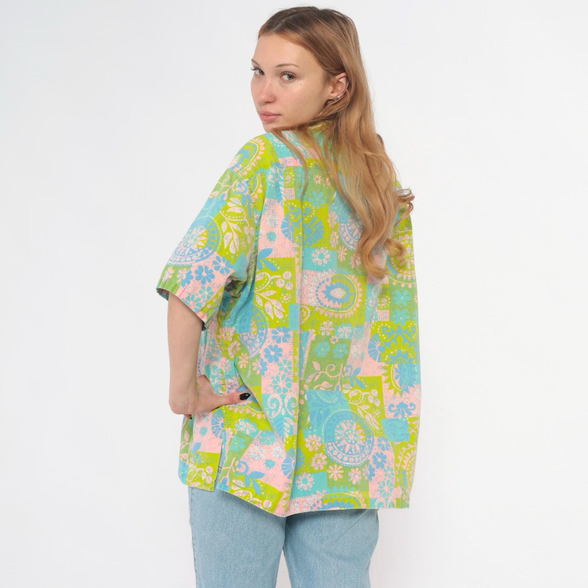70s Paisley Patchwork Blouse Green Pink Blue Floral Button-Up Extra Large XL