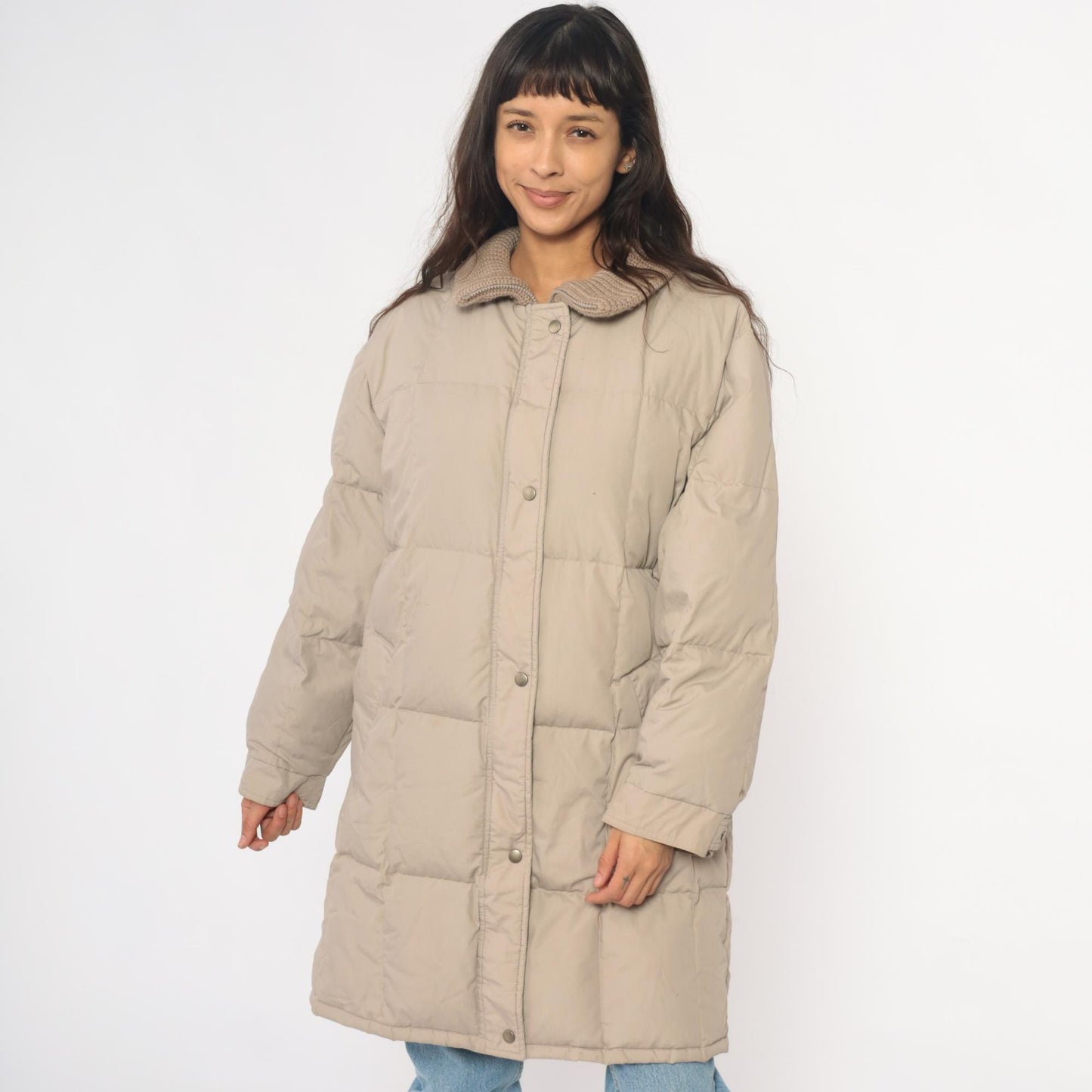 80s Beige Quilted Puffer Coat Down Filled Long Jacket Knit Collar Large L