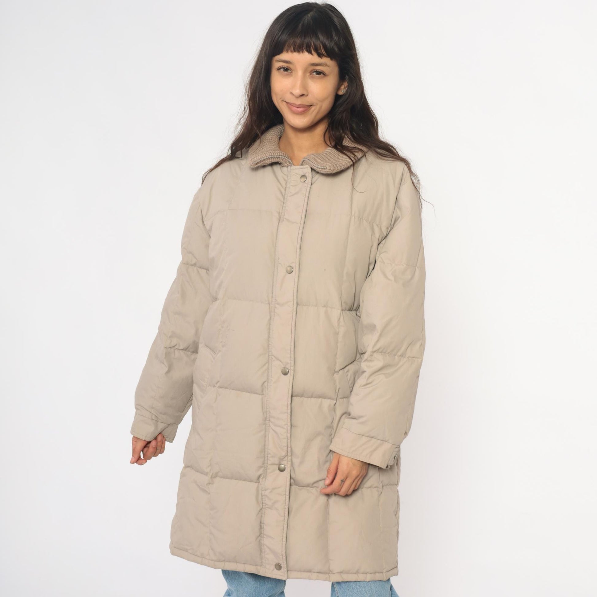 80s Beige Quilted Puffer Coat Down Filled Long Jacket Knit Collar Large L