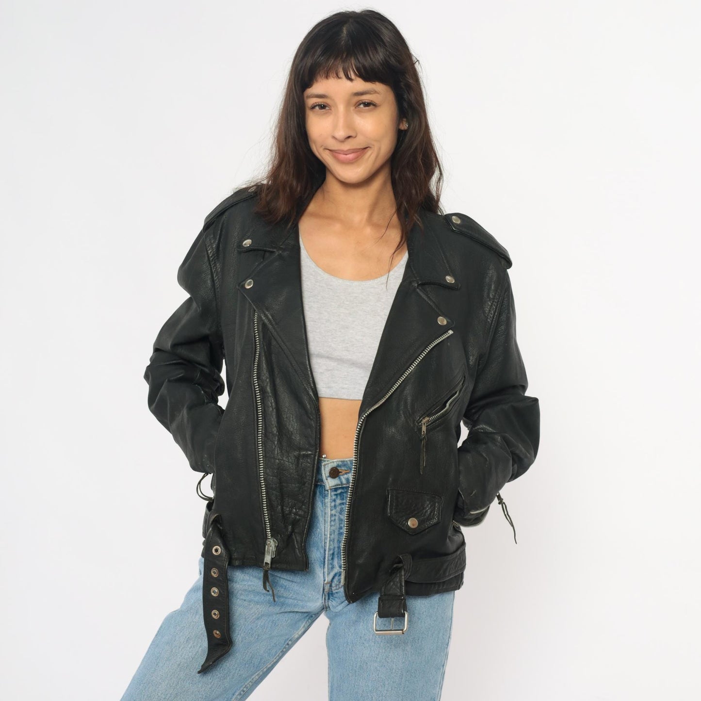 90s Wilsons Leather Black Motorcycle Jacket Belted Zip Silver Hardware Small S