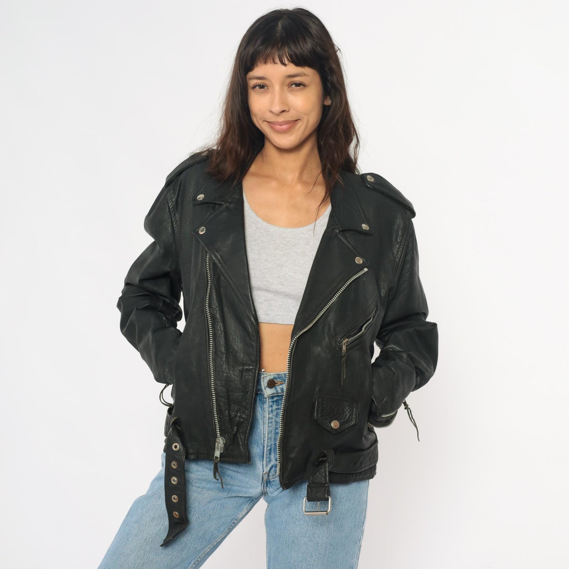 90s Wilsons Leather Black Motorcycle Jacket Belted Zip Silver Hardware Small S