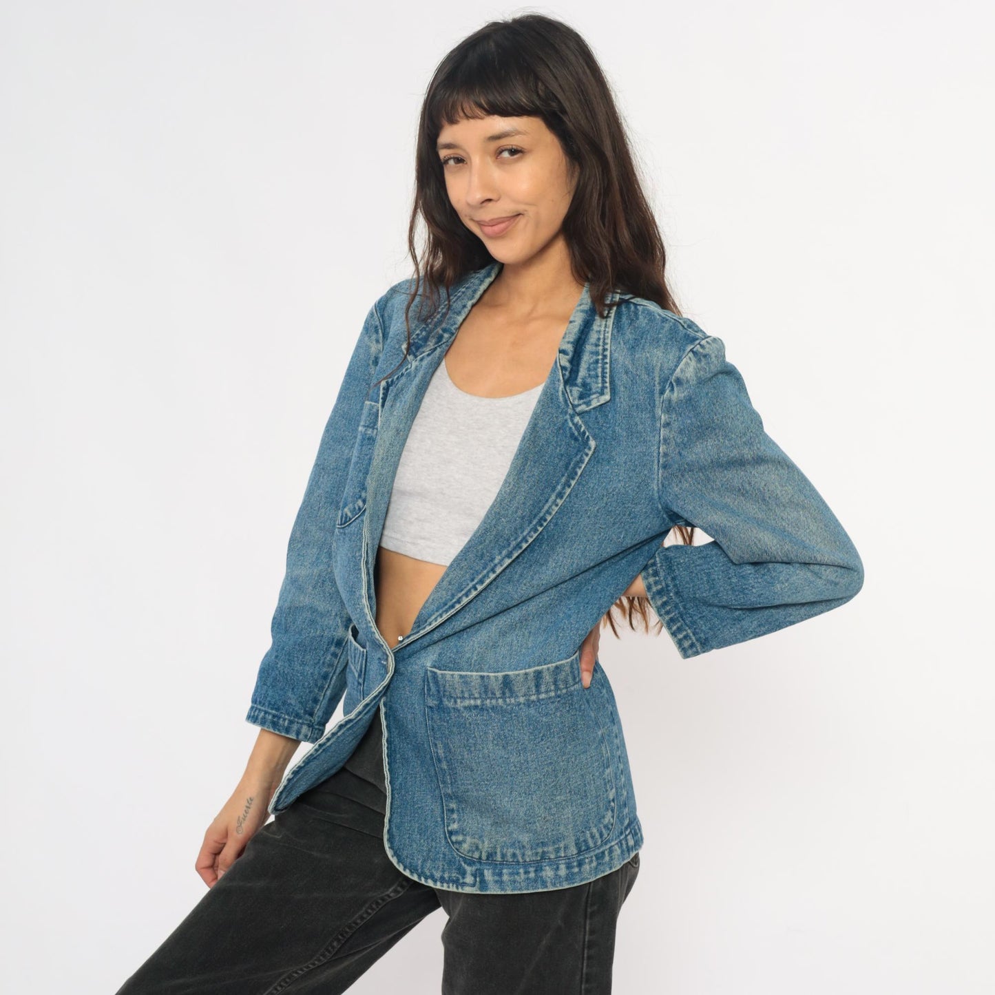 90s Eddie Bauer Denim Blazer Blue Jean Jacket Notched Collar Extra Small XS
