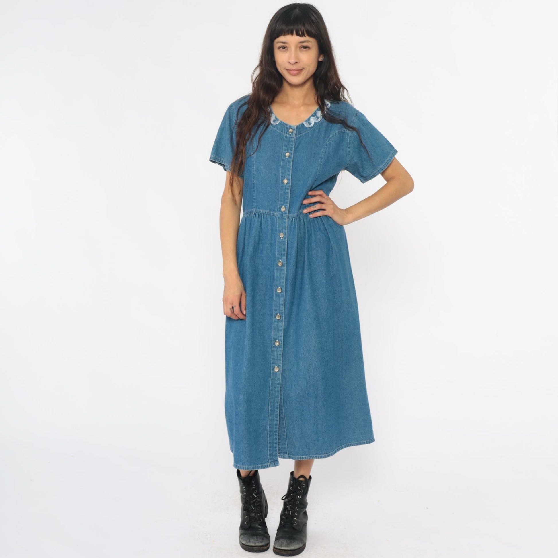 90s G.S. Denims Midi Dress Blue Embroidered Collar Gathered Waist Large L