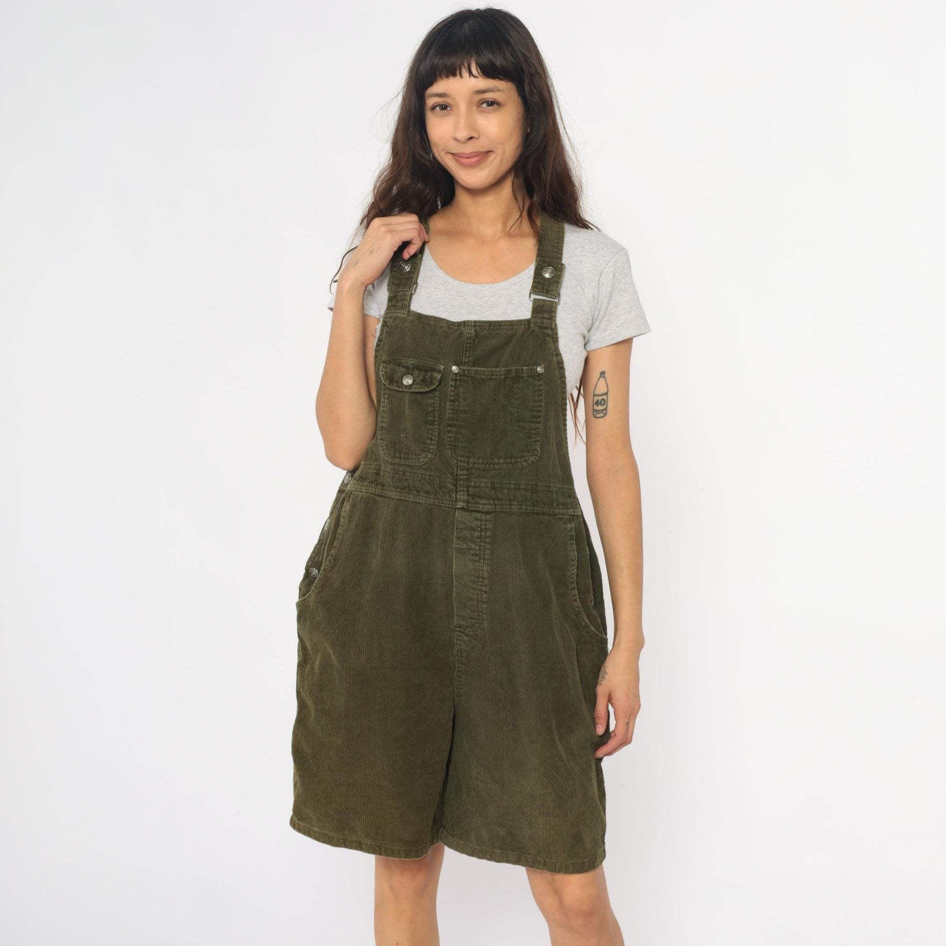90s Olive Green Corduroy Overall Shorts Adjustable Straps Cross-Back Large L