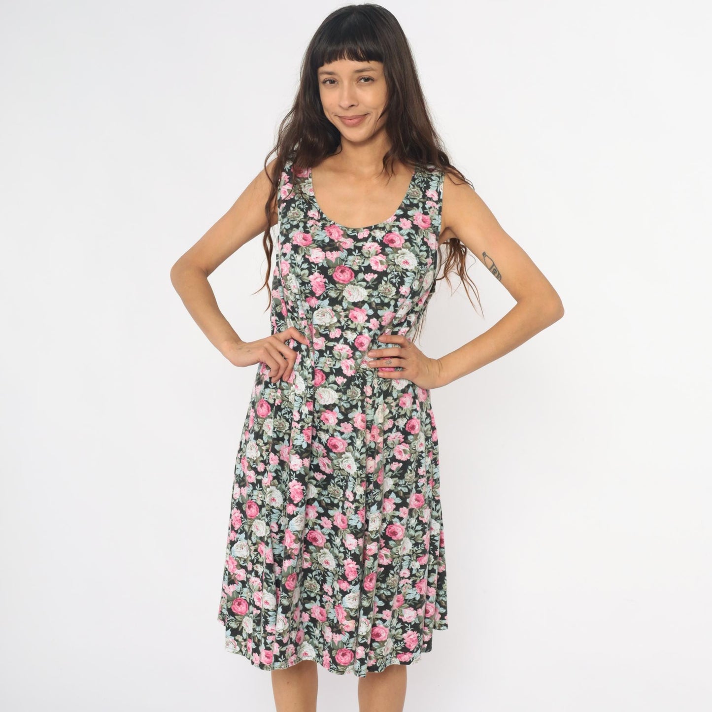 90s Lady Dorby Floral Dress Black Pink Rose Print Sleeveless Cutout Large