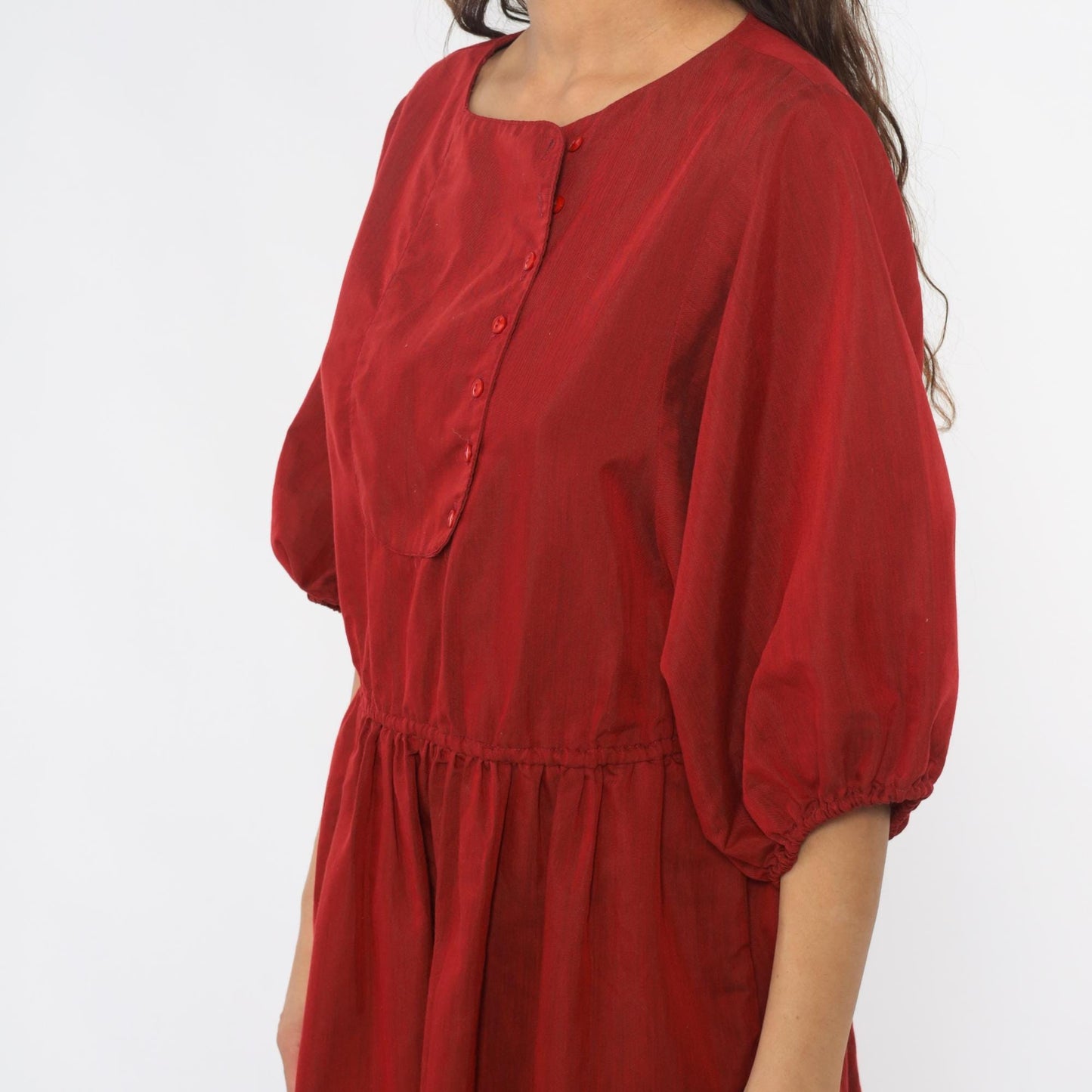 80s Burgundy Puff Sleeve Dress A-Line Gathered Waist Button Front Medium M