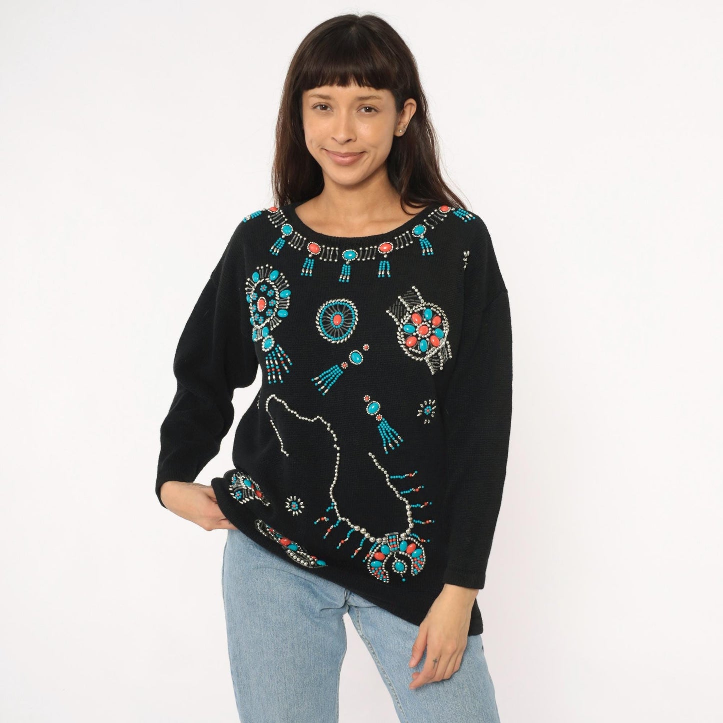 90s Victoria Jones Southwestern Sweatshirt Black Beaded Turquoise Coral Large L