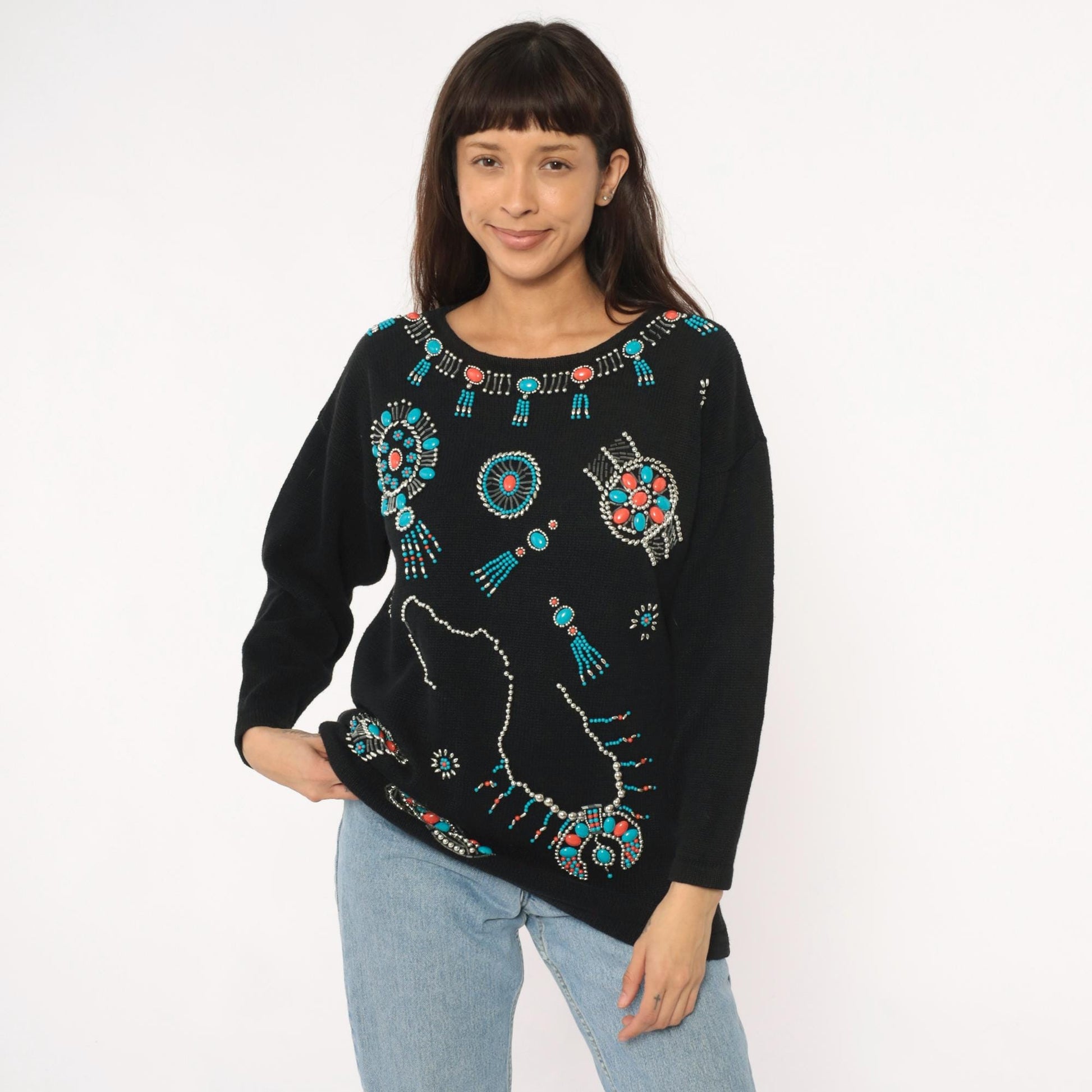 90s Victoria Jones Southwestern Sweatshirt Black Beaded Turquoise Coral Large L