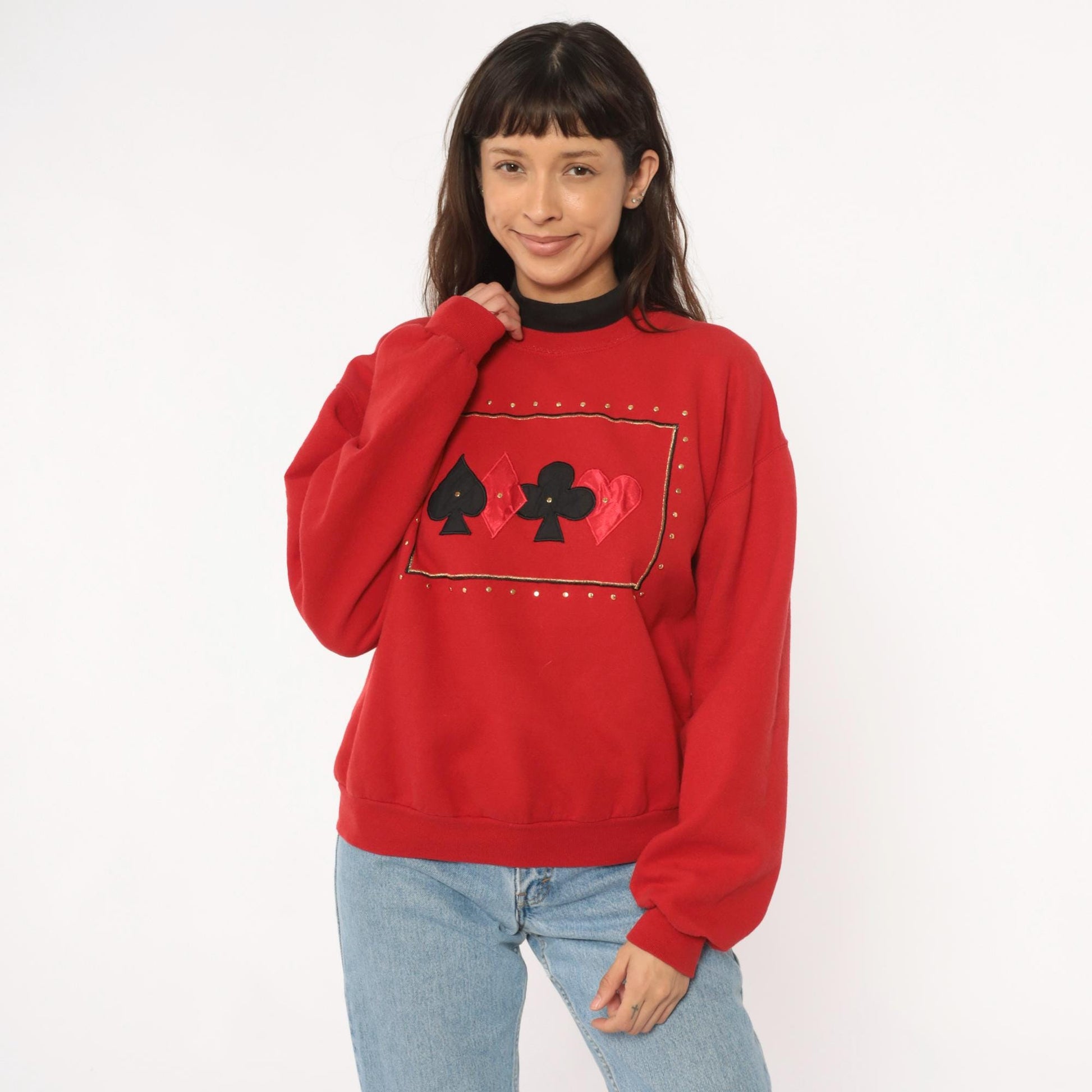 90s Jerzees Playing Card Sweatshirt Red Studded Casino Graphic Crewneck Large L