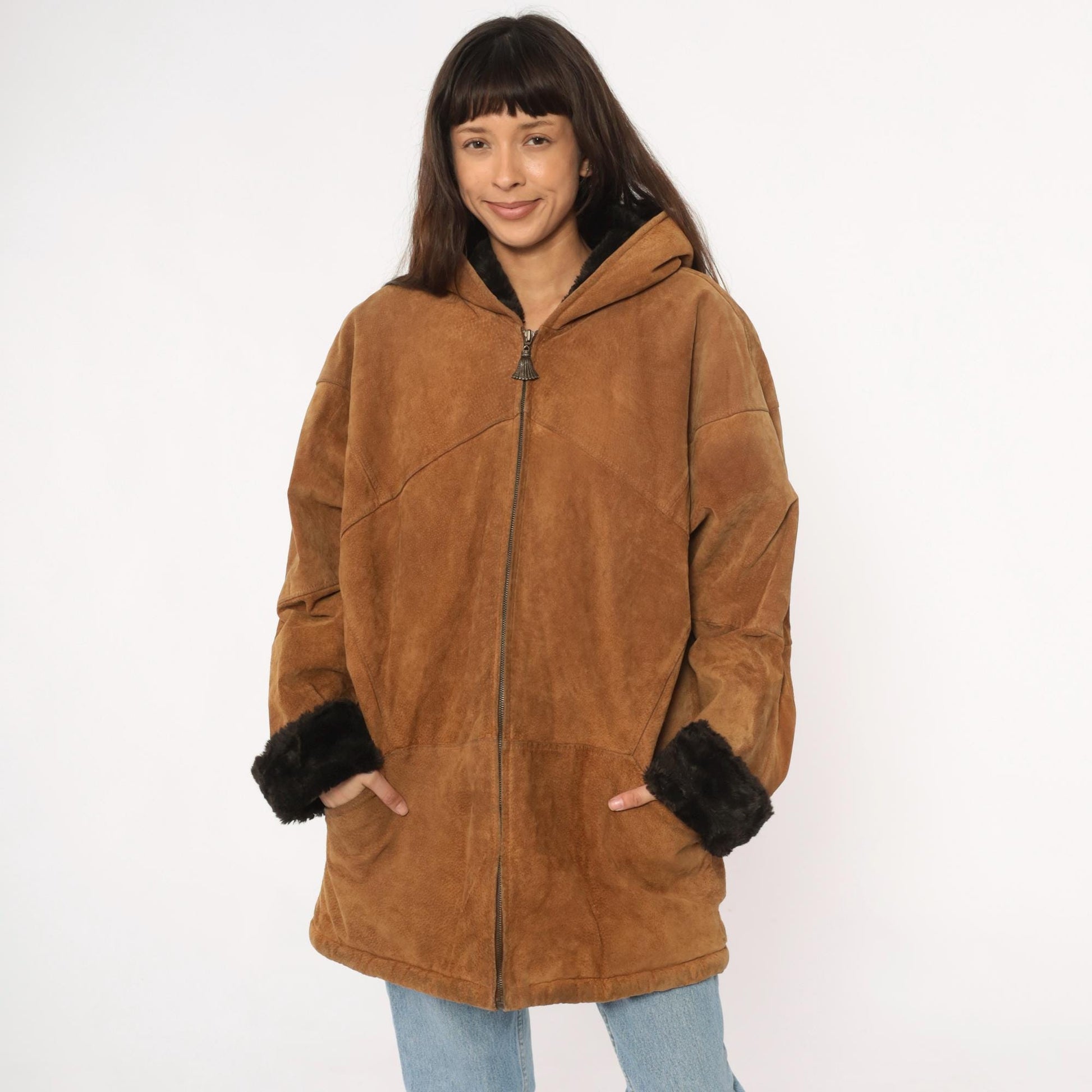 90s Tan Leather Hooded Jacket Faux Fur Lining Black Trim Large L