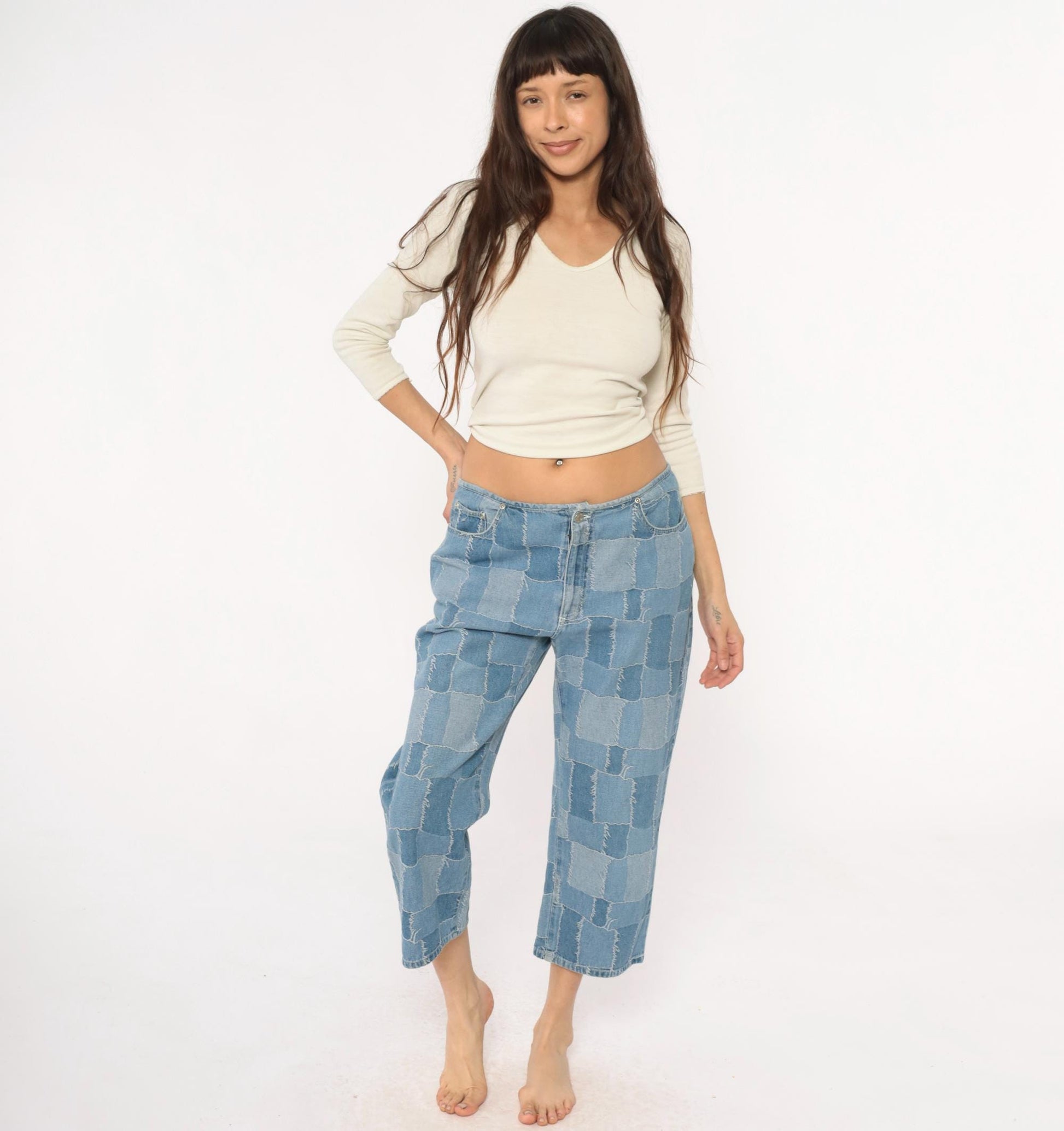 Y2K Carolina Blues Patchwork Denim Jeans Cropped Light Blue Medium M