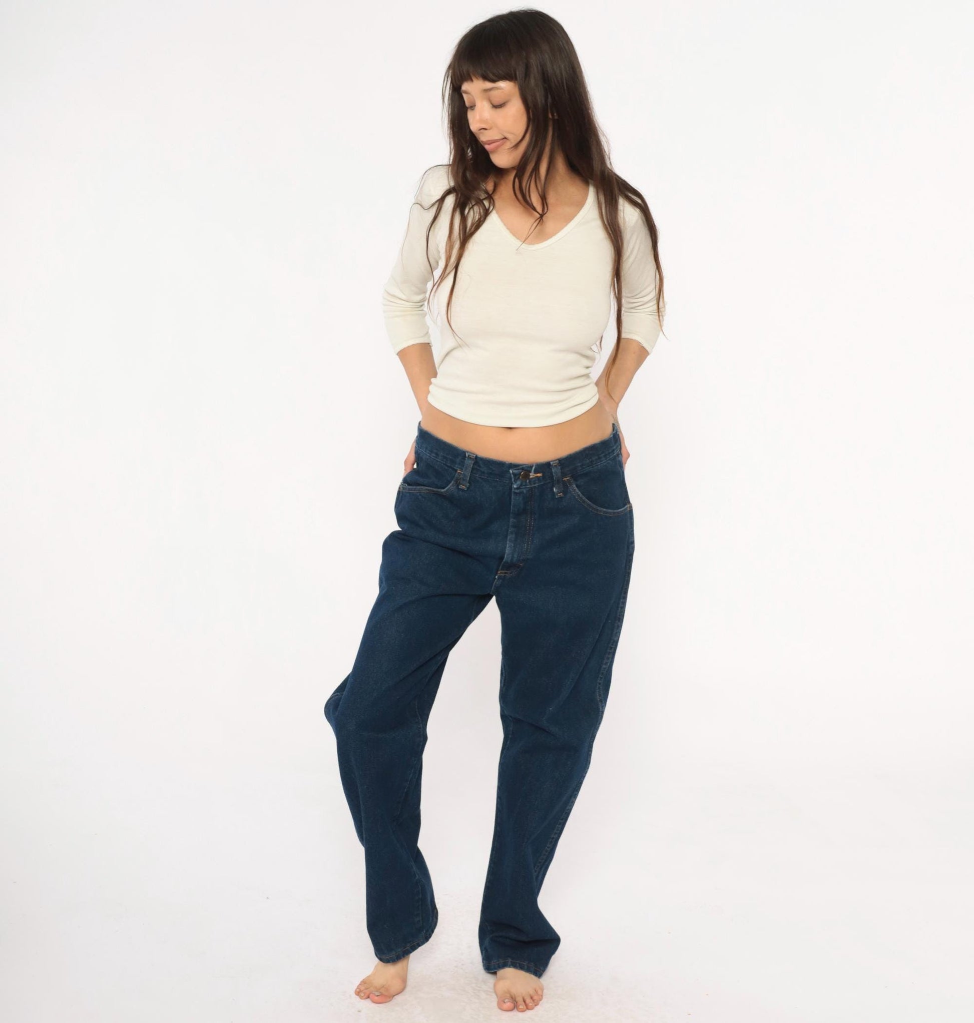 90s Rustler Dark Denim High Rise Straight Leg Jeans Navy Blue 34W