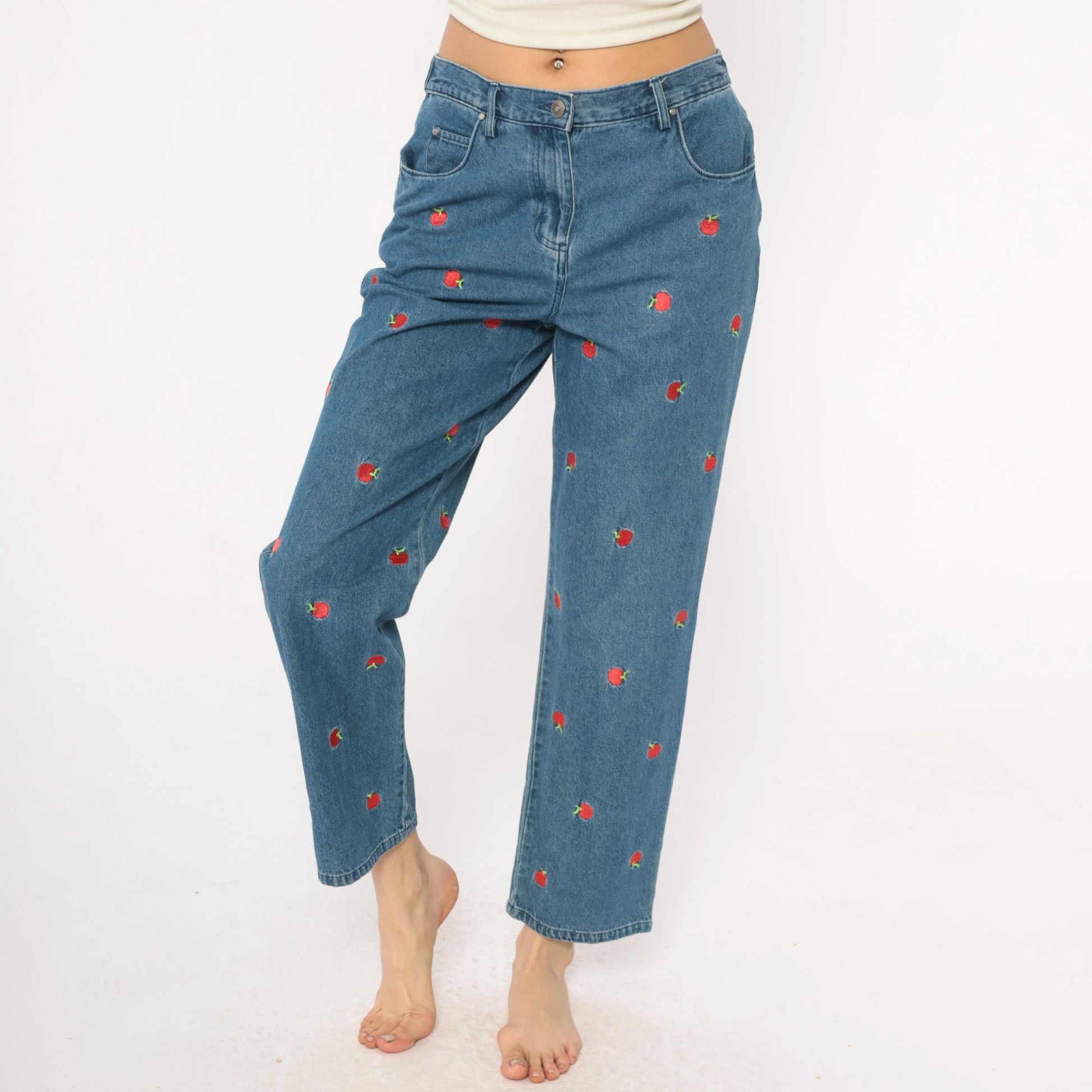 90s Breckenridge Petite Apple Embroidered Jeans Cropped High Waist Blue Small