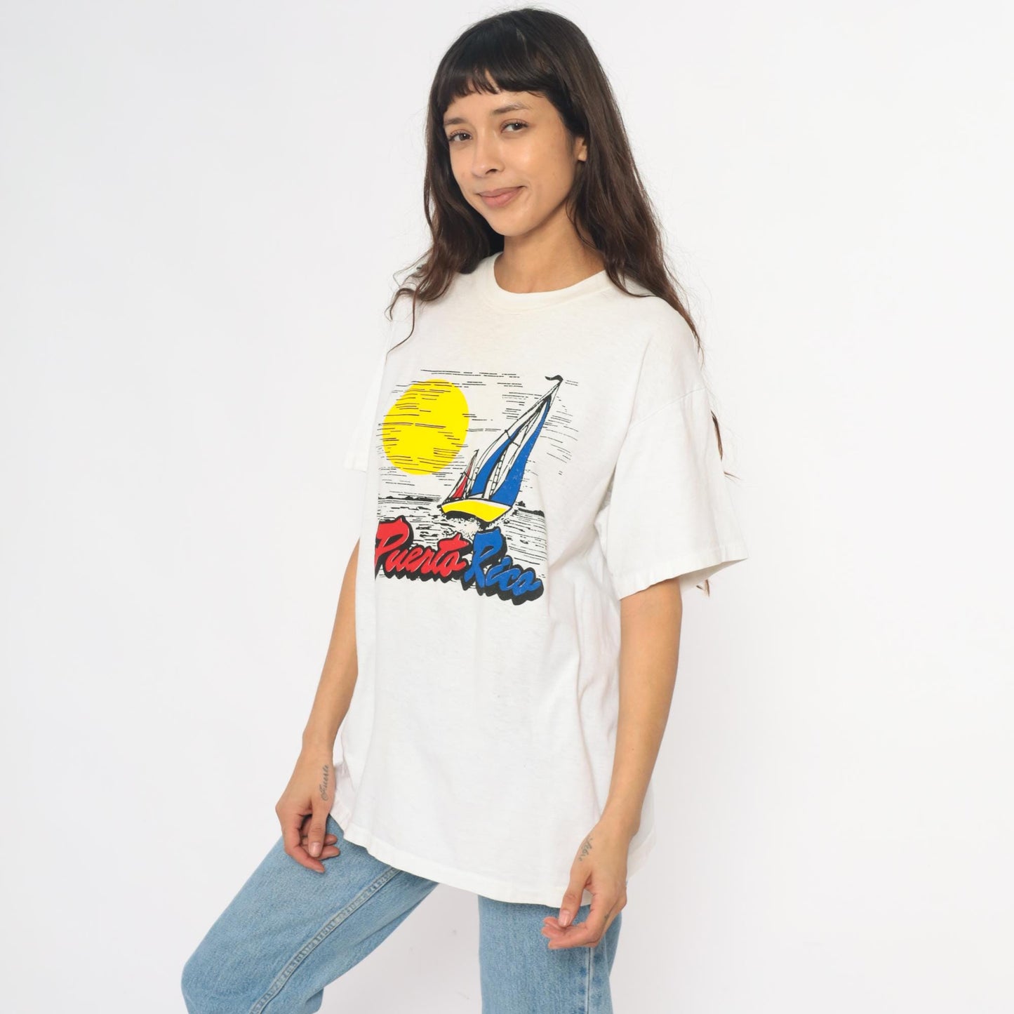 90s Puerto Rico Sailboat Graphic T-Shirt White Cotton Crew Neck Large