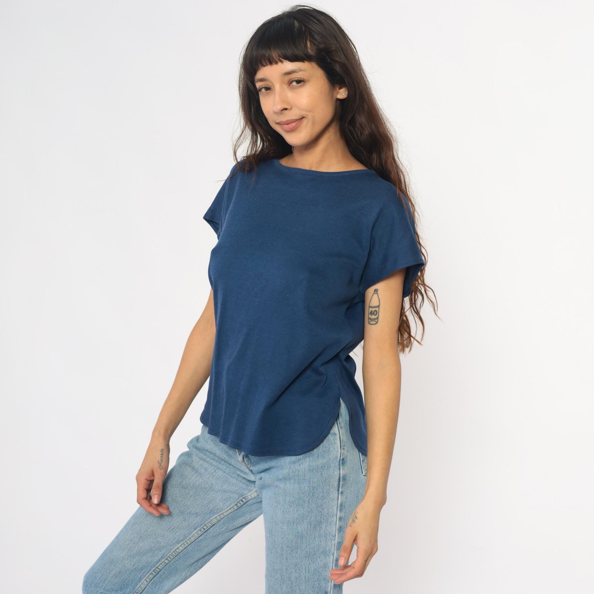 80s Navy Boat Neck T-Shirt Cotton Blend Short Sleeve Medium M