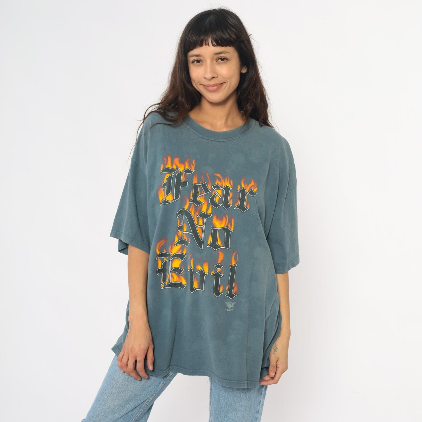 Y2K Fear No Evil Graphic Tee Teal Flame Skulls Plus Size XXL