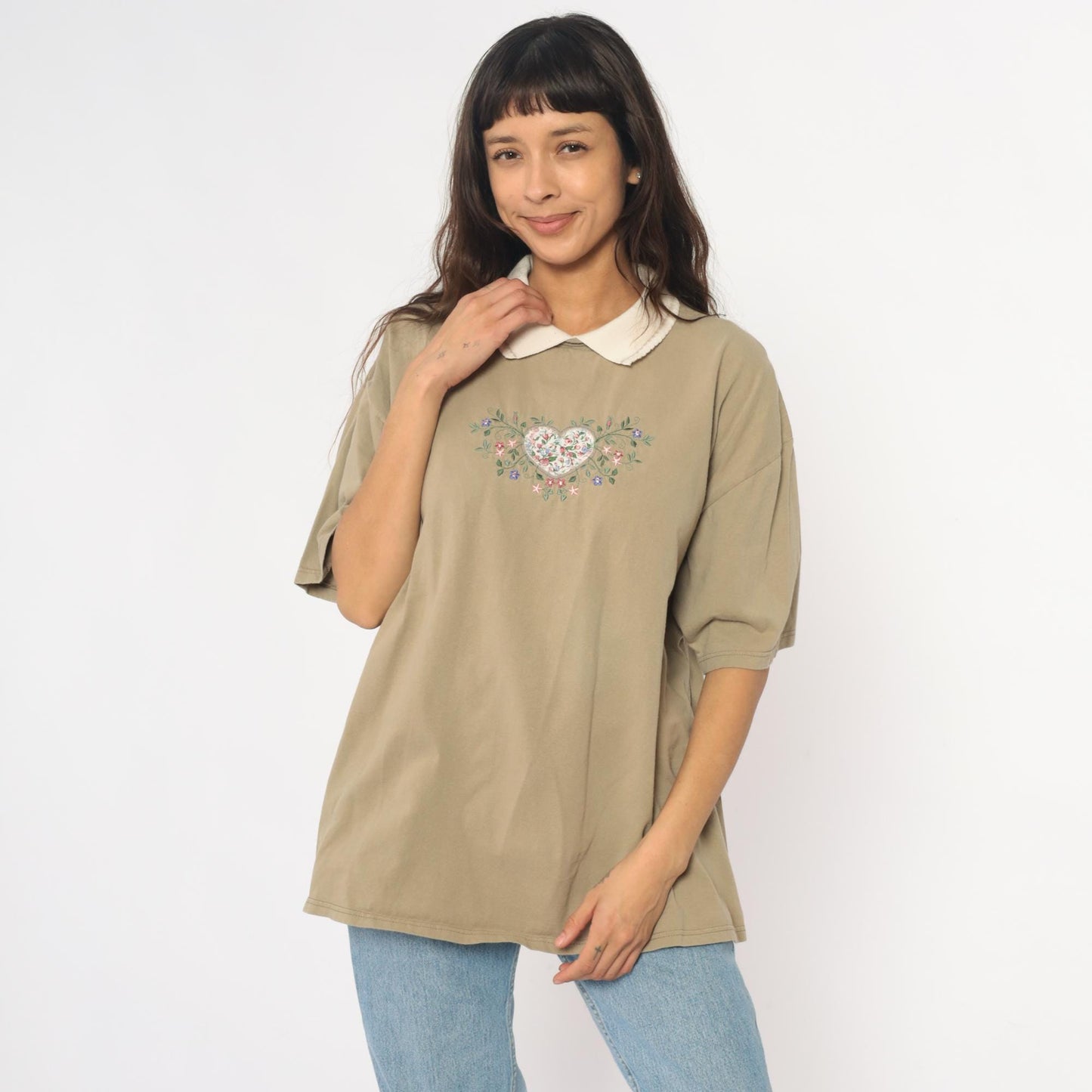 90s Embroidered Floral Heart Polo Shirt Tan Cotton Peter Pan Collar Extra Large
