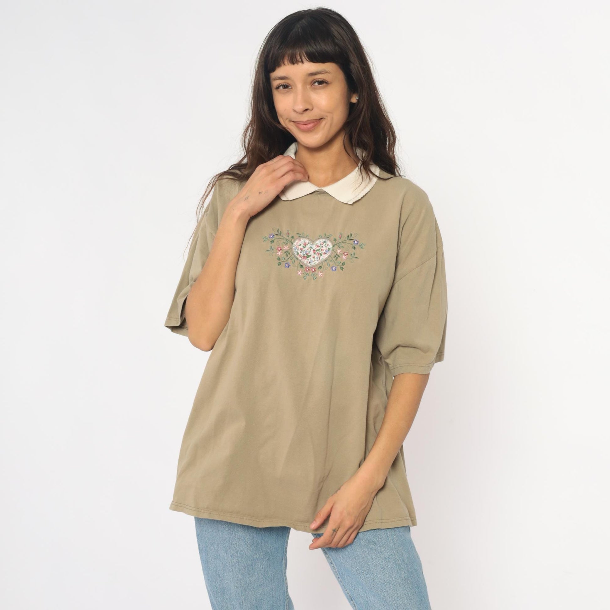90s Embroidered Floral Heart Polo Shirt Tan Cotton Peter Pan Collar Extra Large