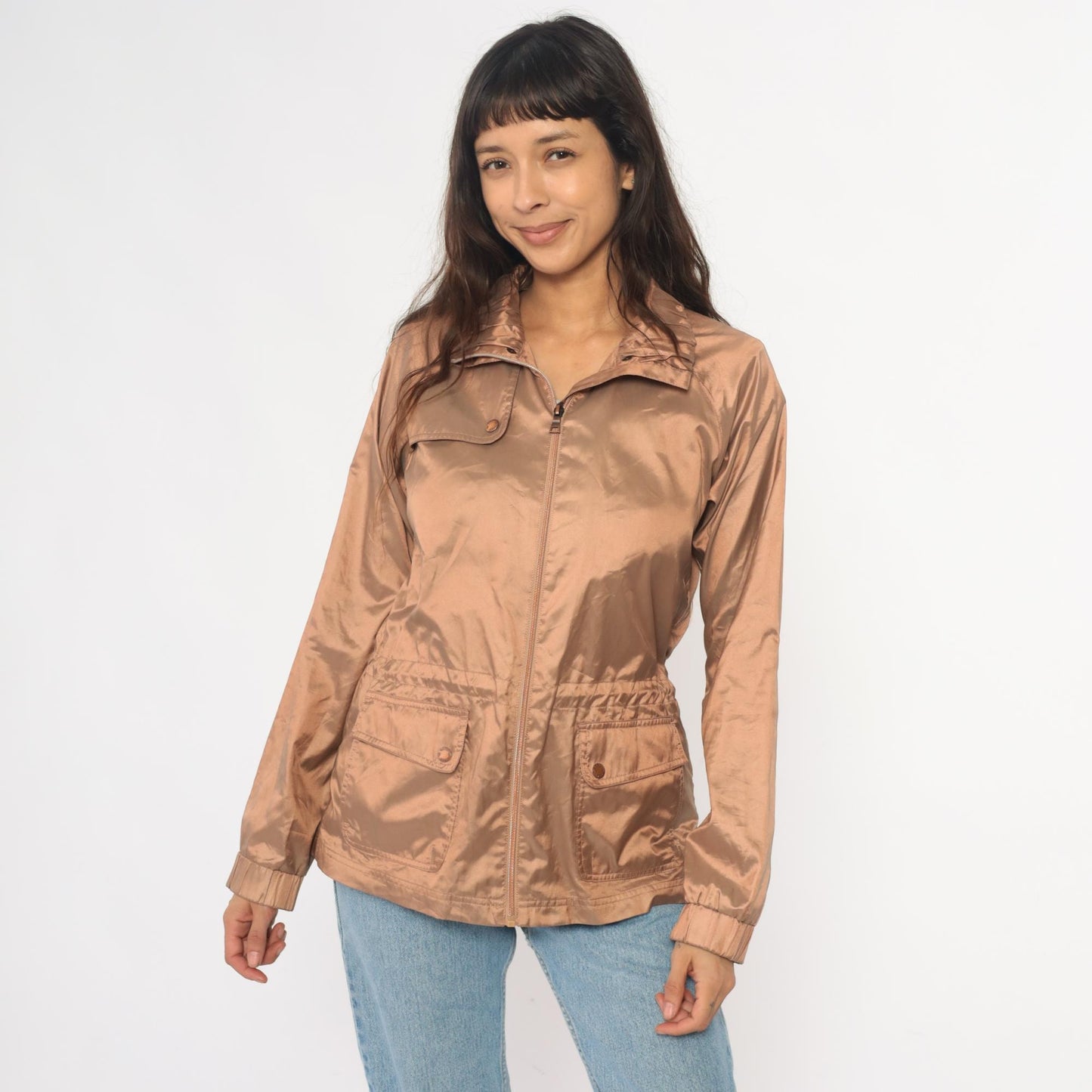 Y2K Tan Utility Jacket Snap Collar Cargo Pockets Zip Windbreaker Medium M