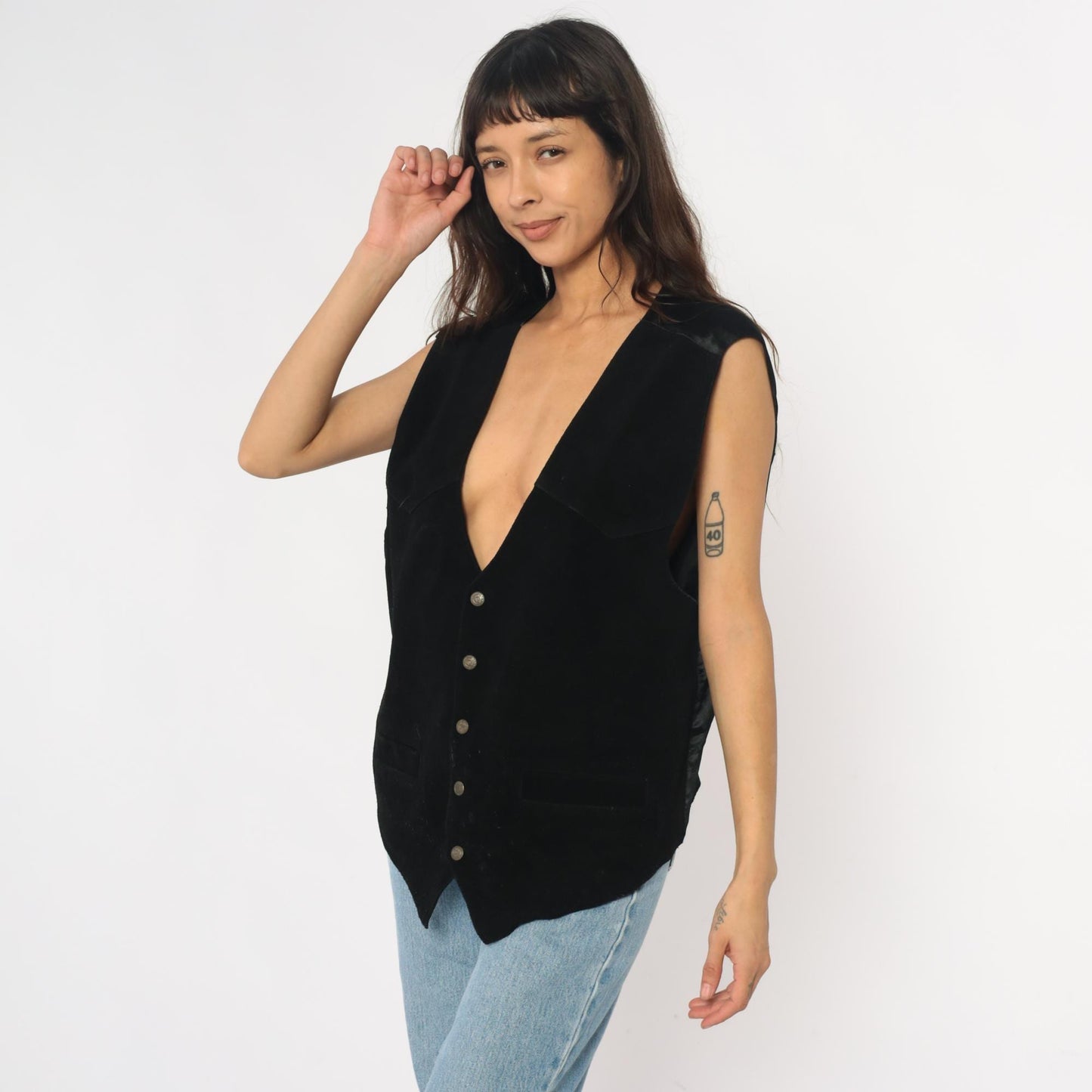 90s Black Suede Leather Vest Tie Back V-Neck Waistcoat Men's Extra Large XL