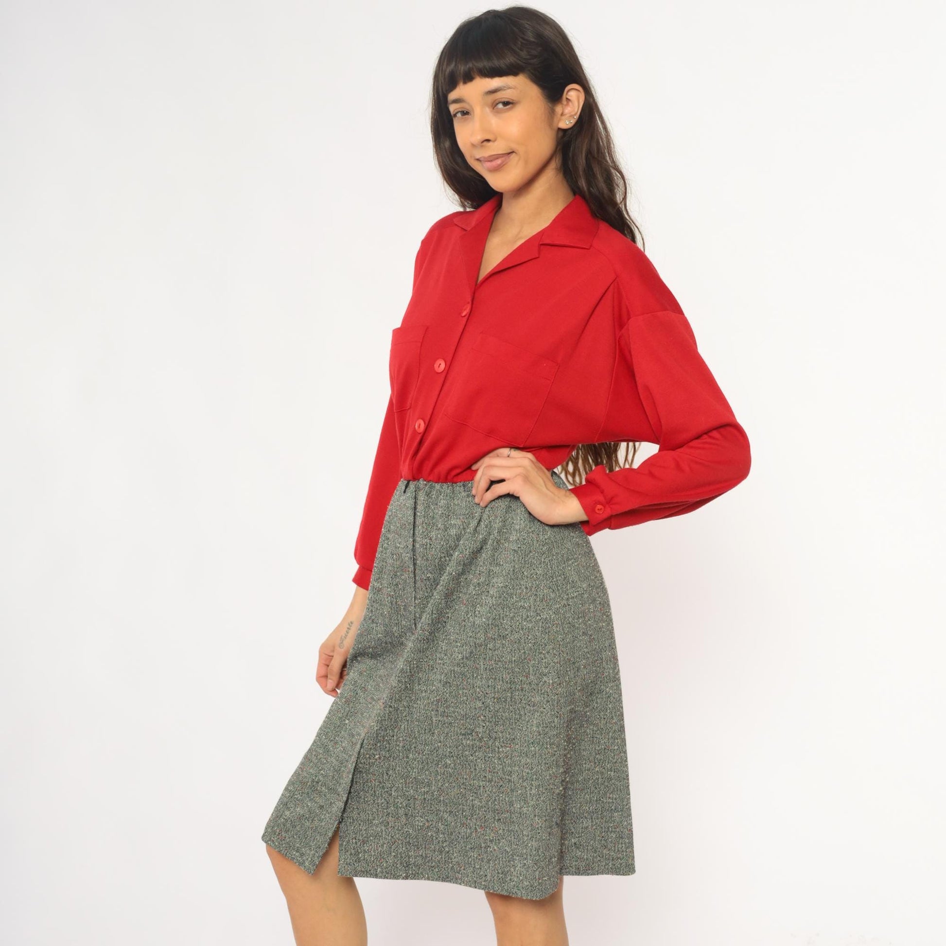 70s Lady Carol Petites Red Tweed Shirtdress Knee Length Small Medium