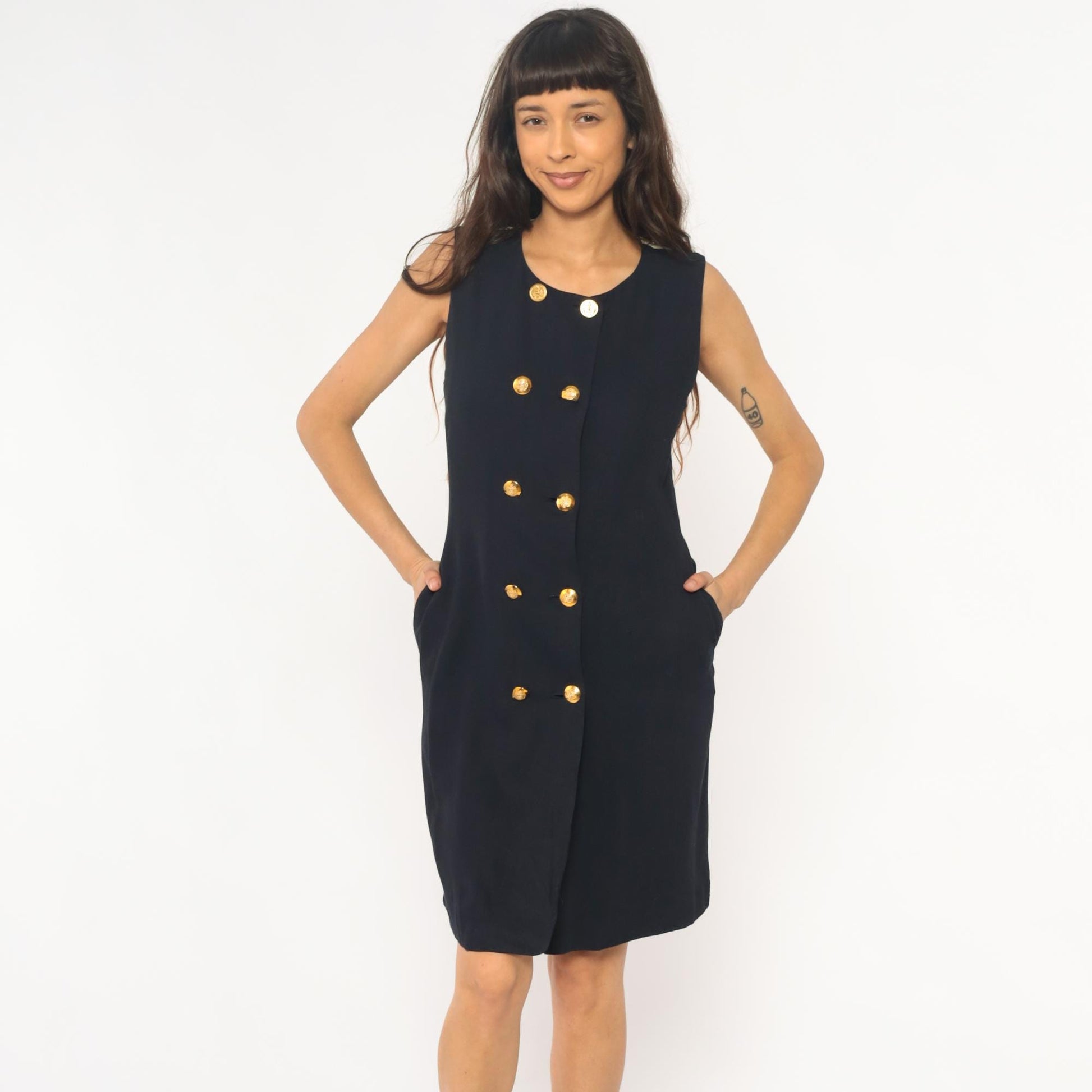 90s Liz Claiborne Navy Nautical Sleeveless Dress Gold Buttons Striped Back Medium