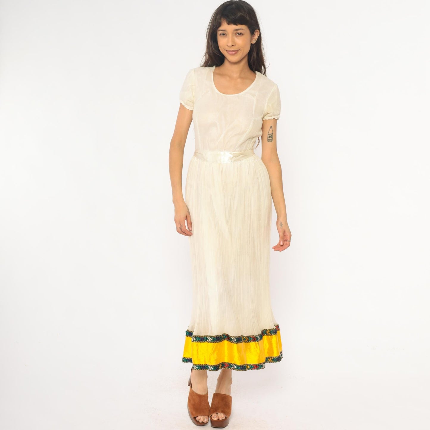 70s Cream Maxi Dress Puff Sleeve Pleated Skirt Embroidered Trim Extra Small