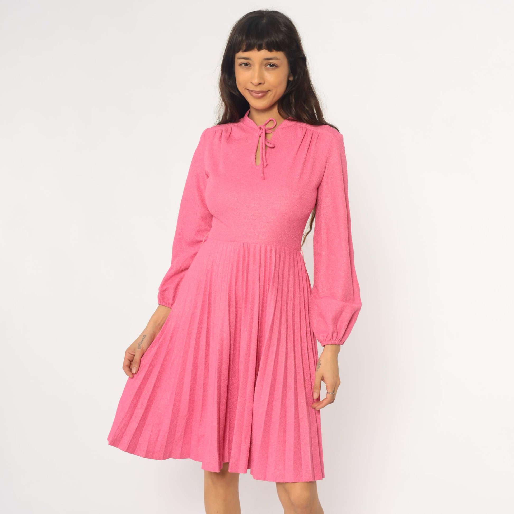 70s Hot Pink Midi Dress Mock Neck Pleated Skirt Bishop Sleeve Extra Small XS