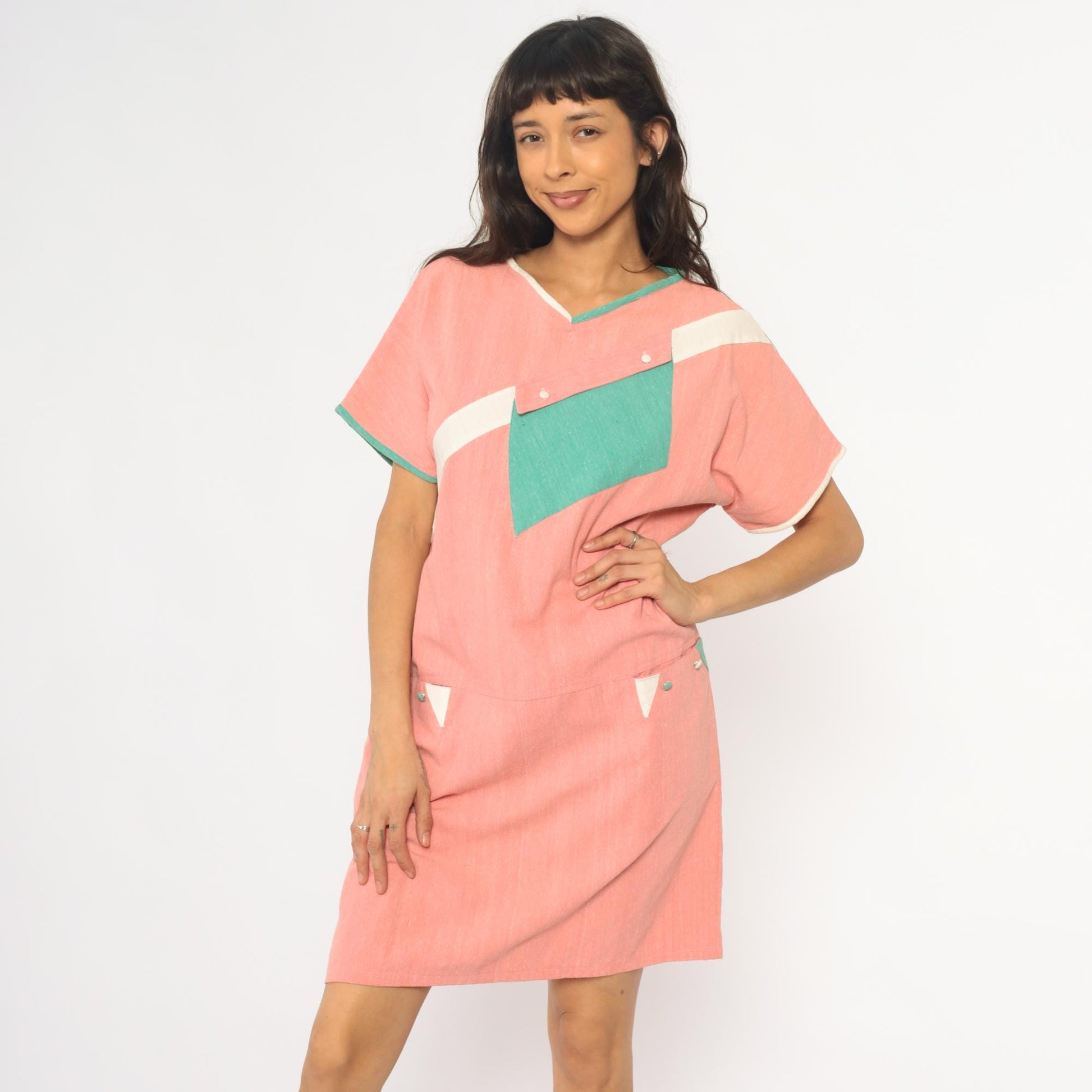 90s Colorblock Shift Dress Coral Pink Teal Geometric Pockets Knee Length Large L