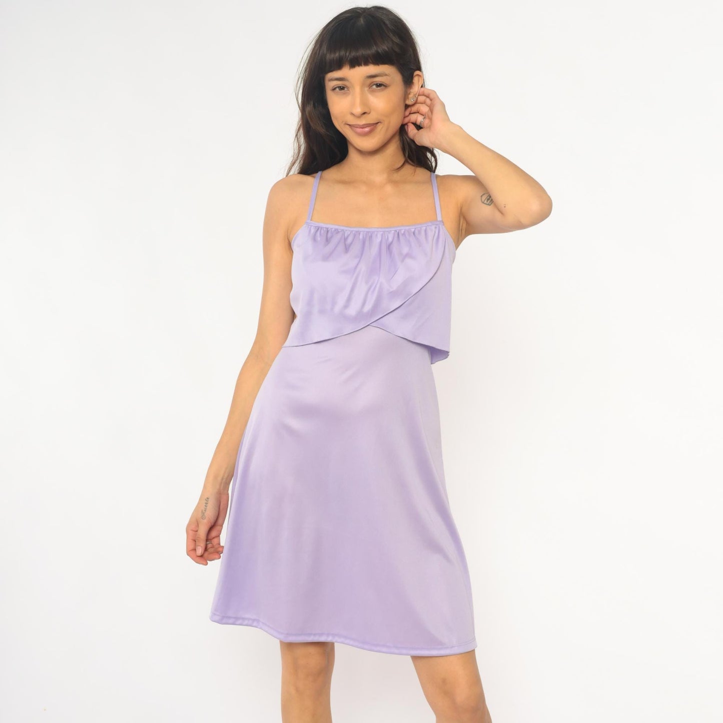 70s Lavender Spaghetti Strap Slip Dress Gathered Bodice Knee Length Extra Small XS