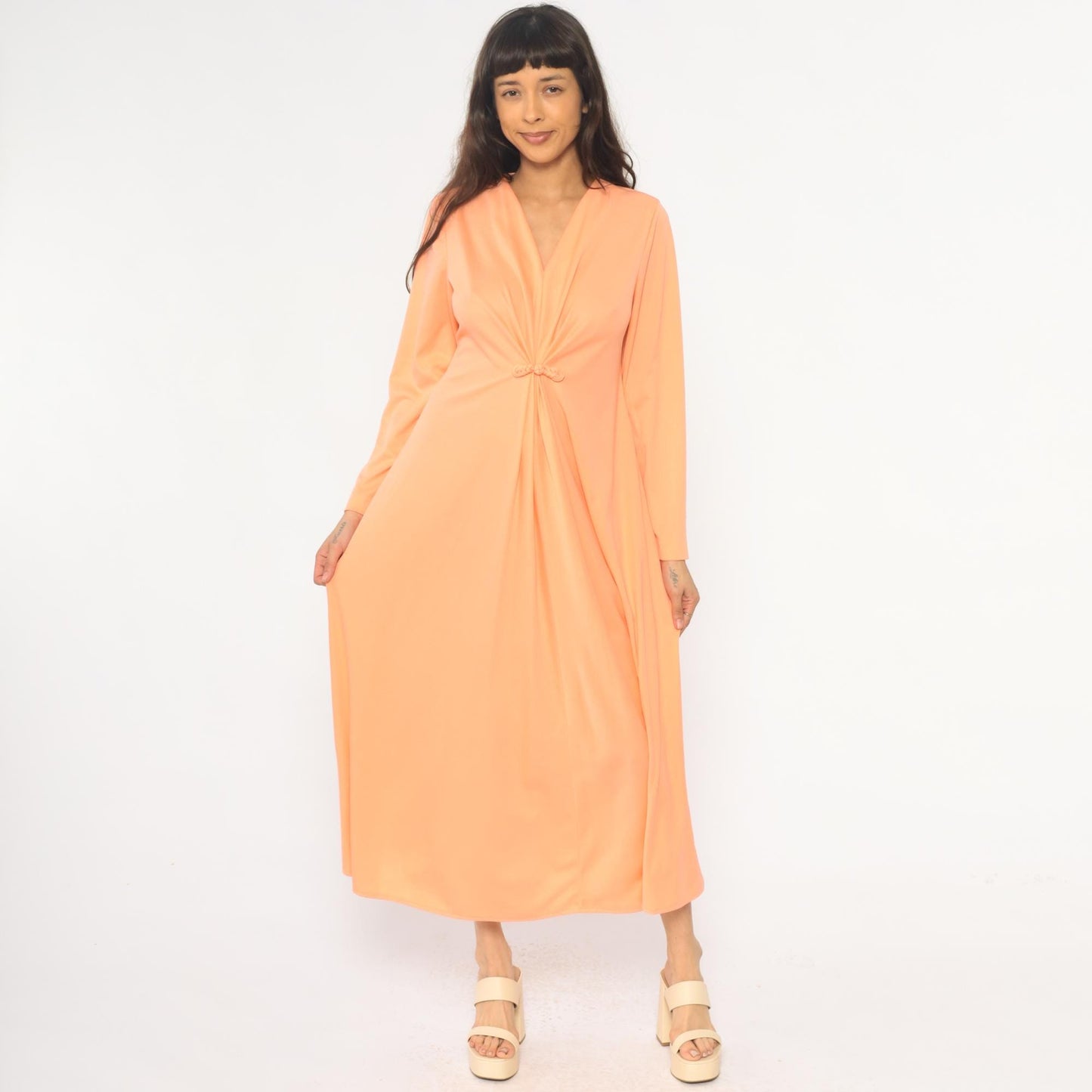 70s Lily Lynn Peach Maxi Dress Long Sleeve V-Neck Wrap Bodice Medium