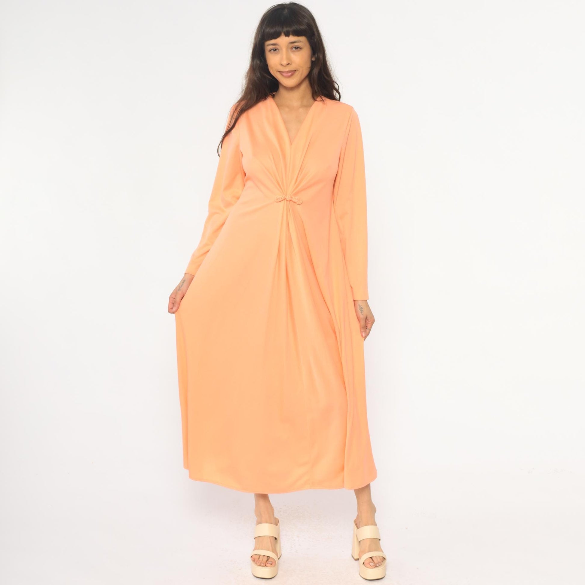 70s Lily Lynn Peach Maxi Dress Long Sleeve V-Neck Wrap Bodice Medium