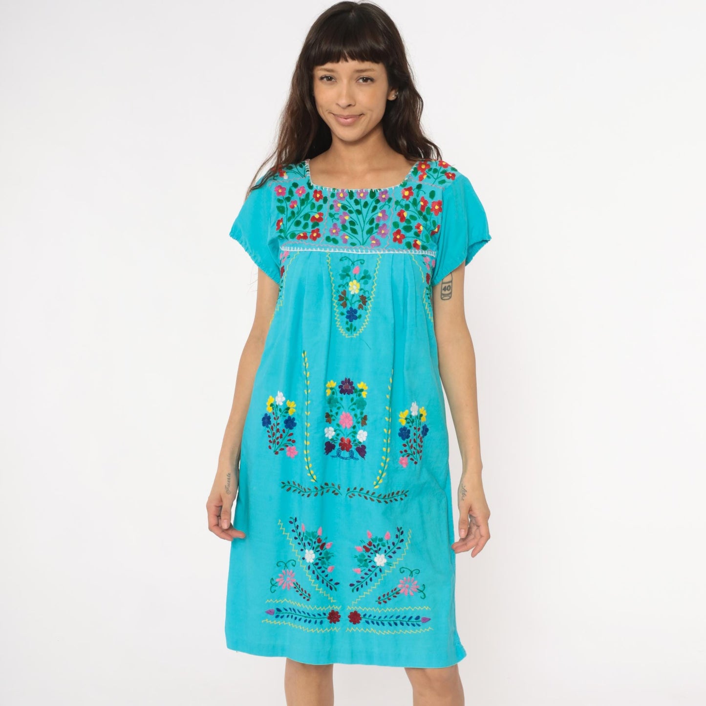 80s Mexican Embroidered Turquoise Cotton Dress Floral Empire Waist Extra Small XS