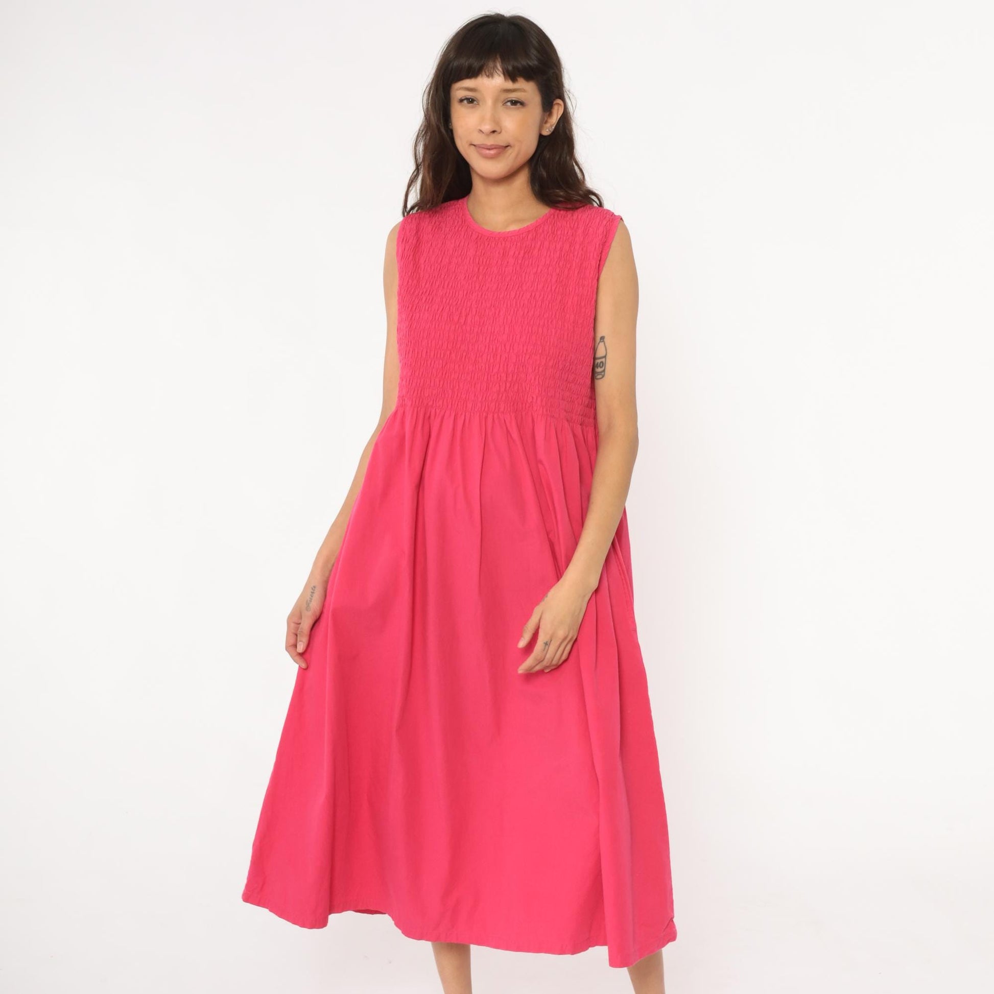 Y2K Coral Pink Maxi Dress Smocked Bodice Cotton Sleeveless Large