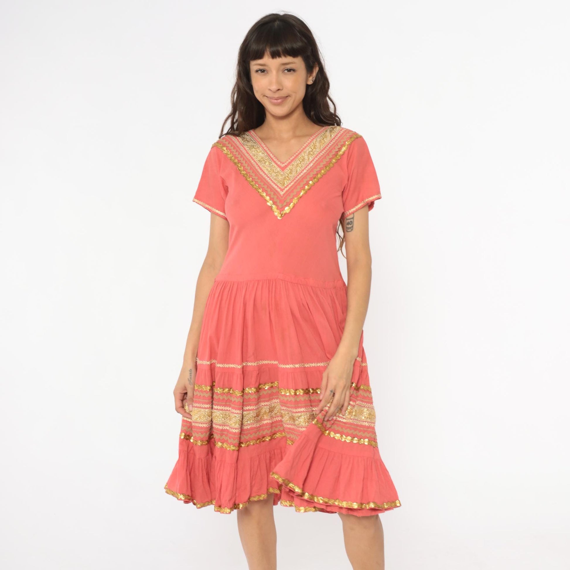 60s Faye Creations Prairie Dress Coral Pink Gold Trim Tiered Cotton Medium M