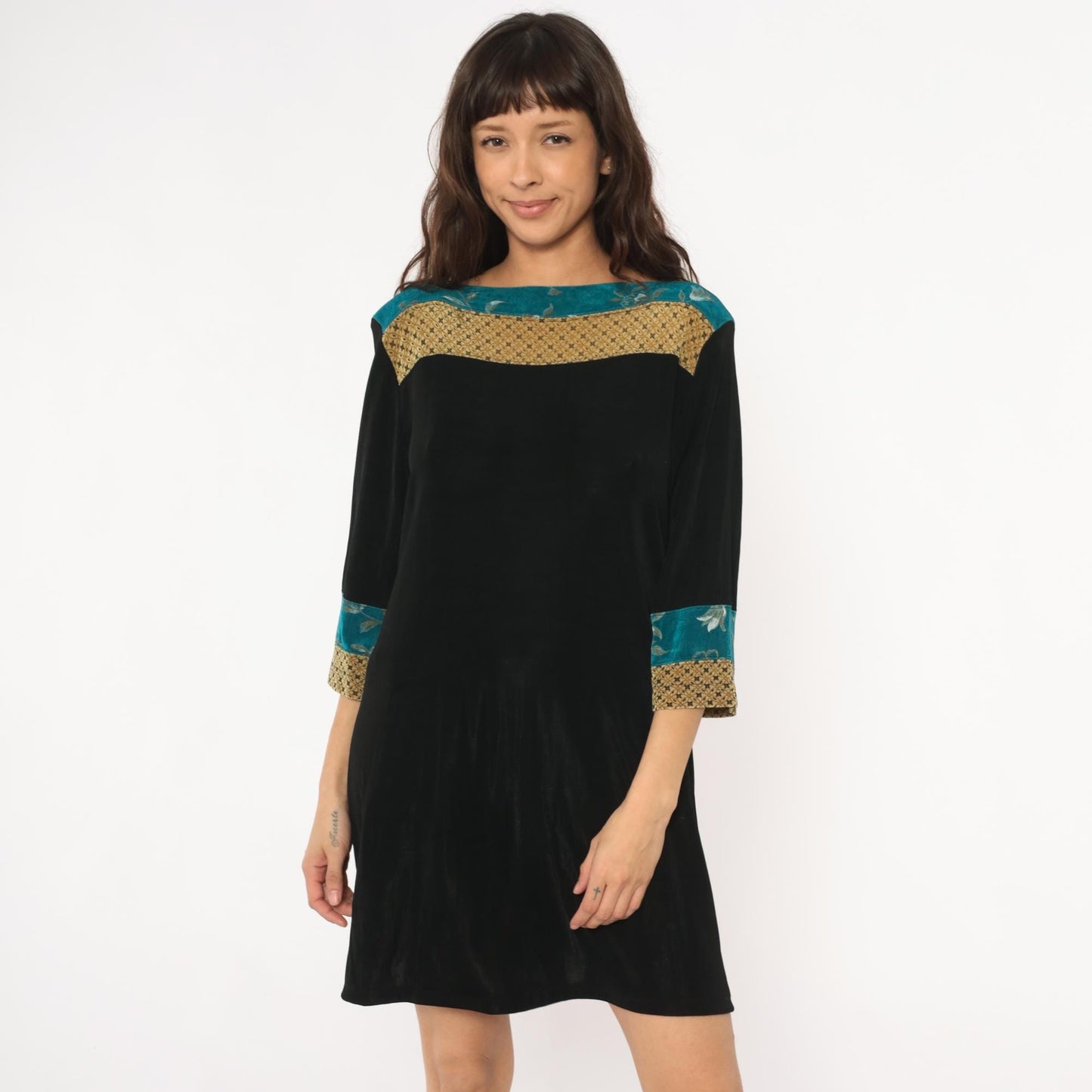 90s Vikki Vi Mini Dress Black Teal Floral Gold Colorblock Large L
