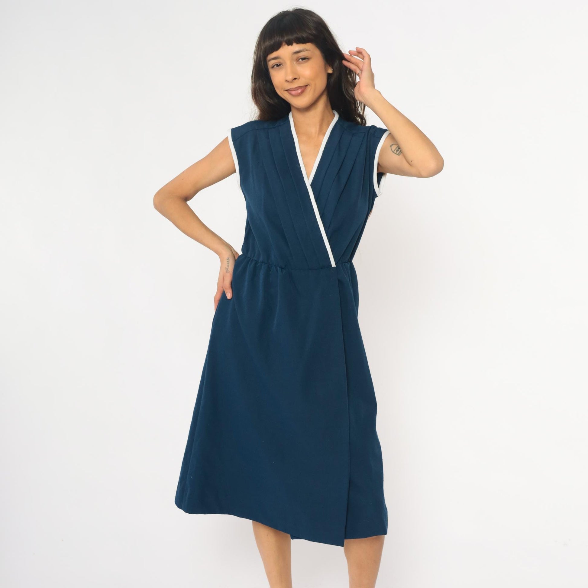80s Toni Todd Navy Wrap Dress White Trim Cap Sleeve Midi Small Medium
