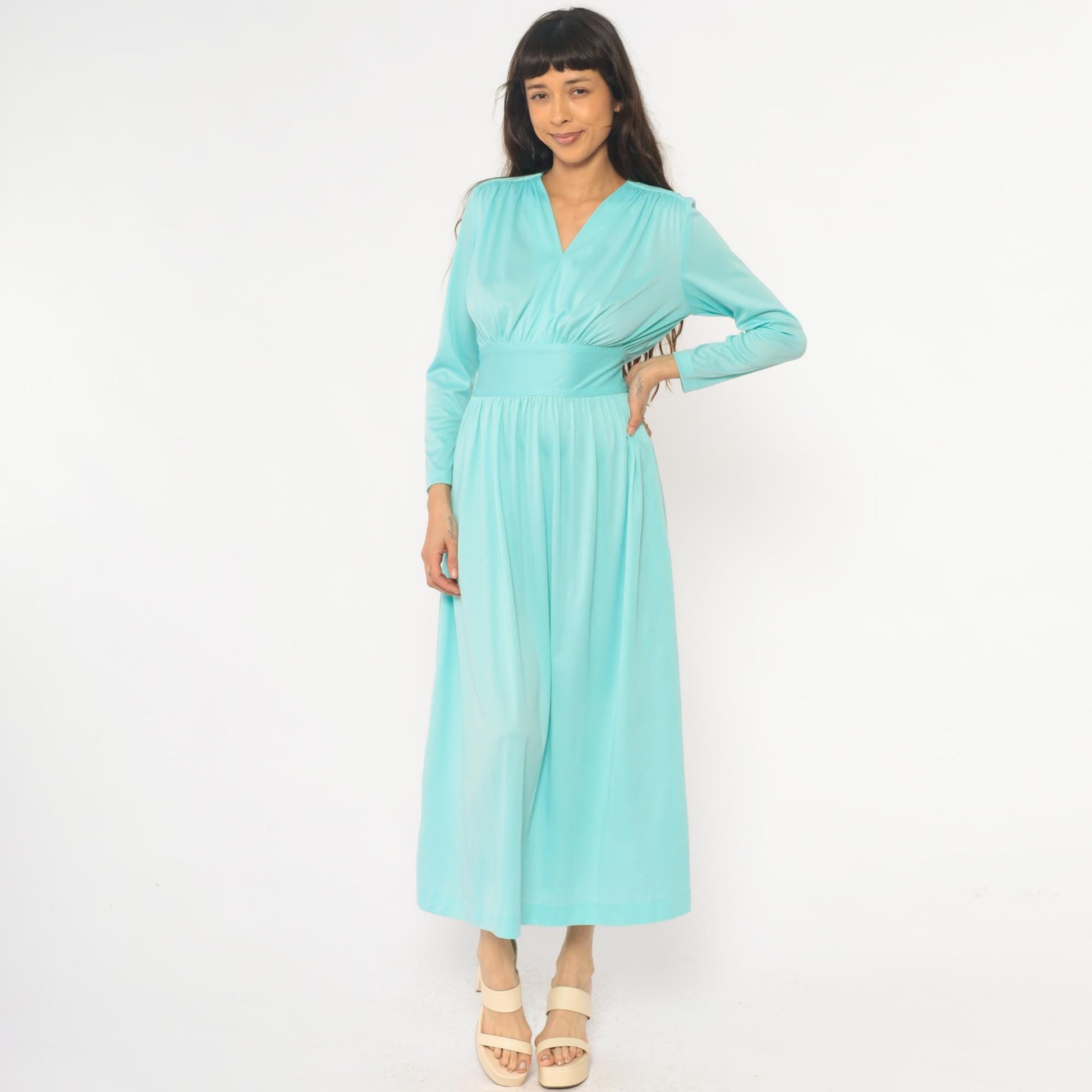 70s Enrico Serrati Aqua Maxi Dress V-Neck Tie Waist Long Sleeve Medium