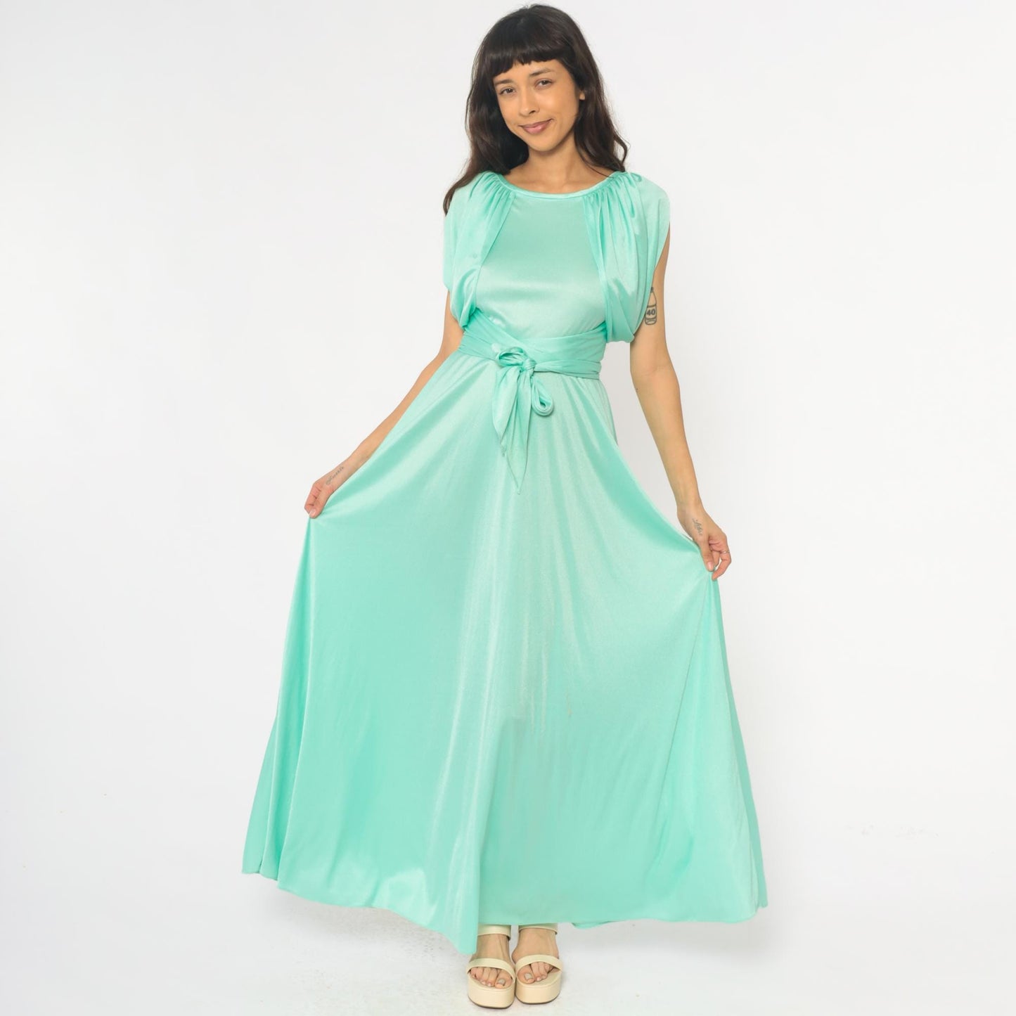 70s Mint Green Maxi Dress Ruched Neckline Tie Belt Sleeveless Small